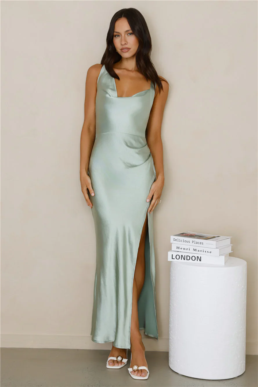 High Class Wedding Satin Maxi Dress Sage