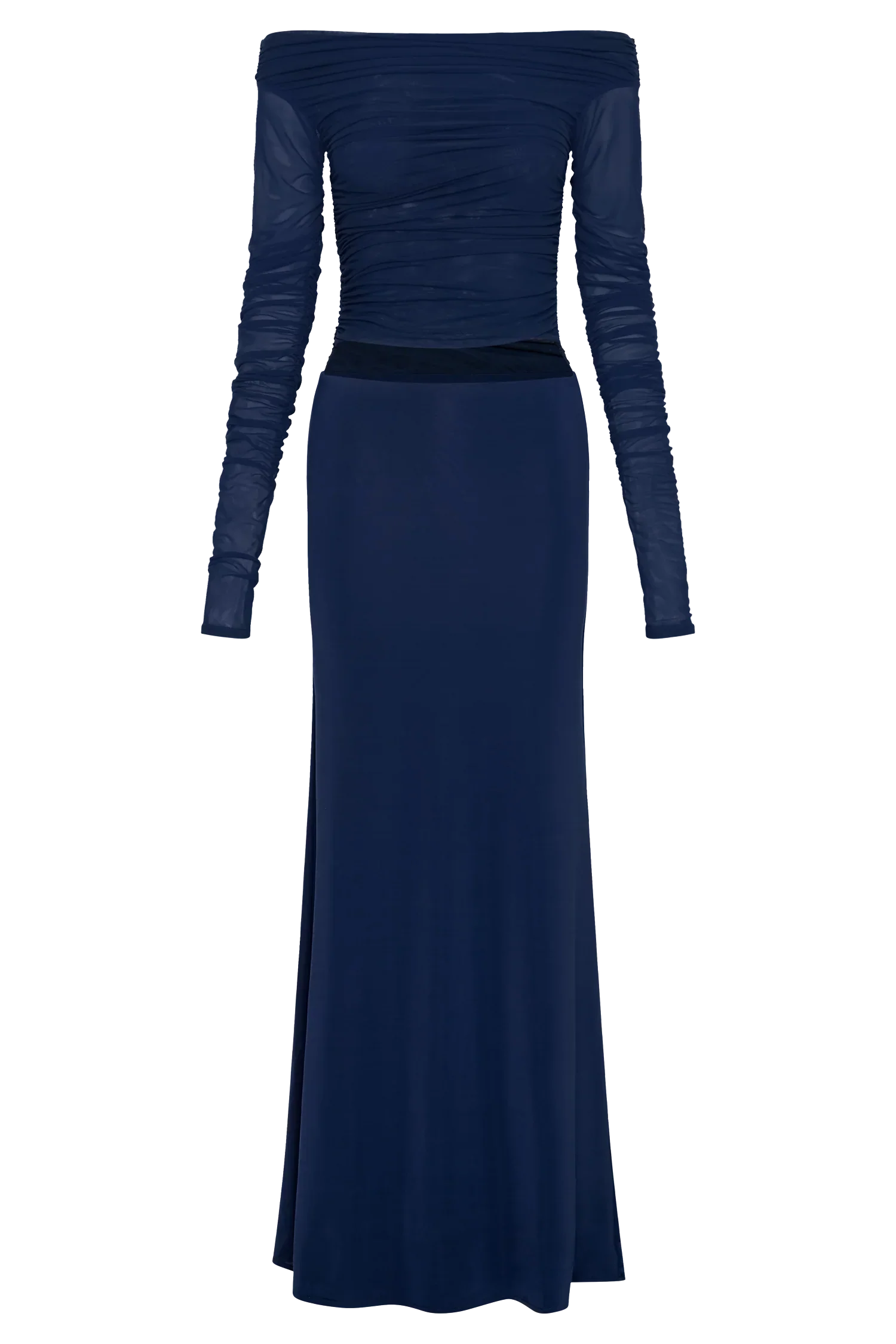 Darla Mesh And Slinky Off Shoulder Maxi Dress - Dark Navy