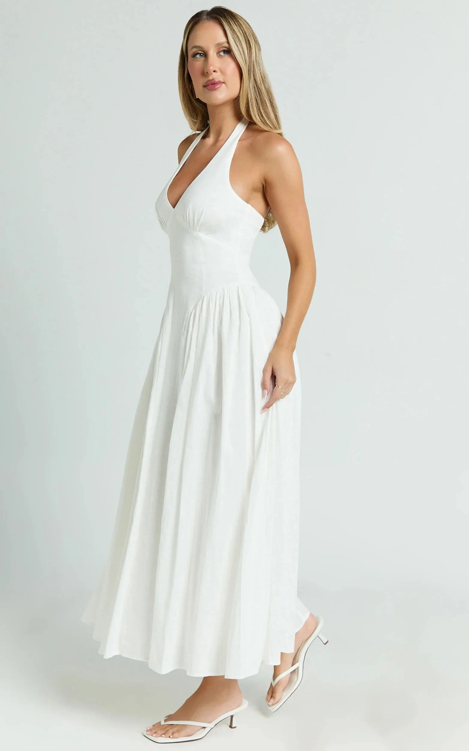 Athena Midi Dress Halter Drop Waist Dress in White