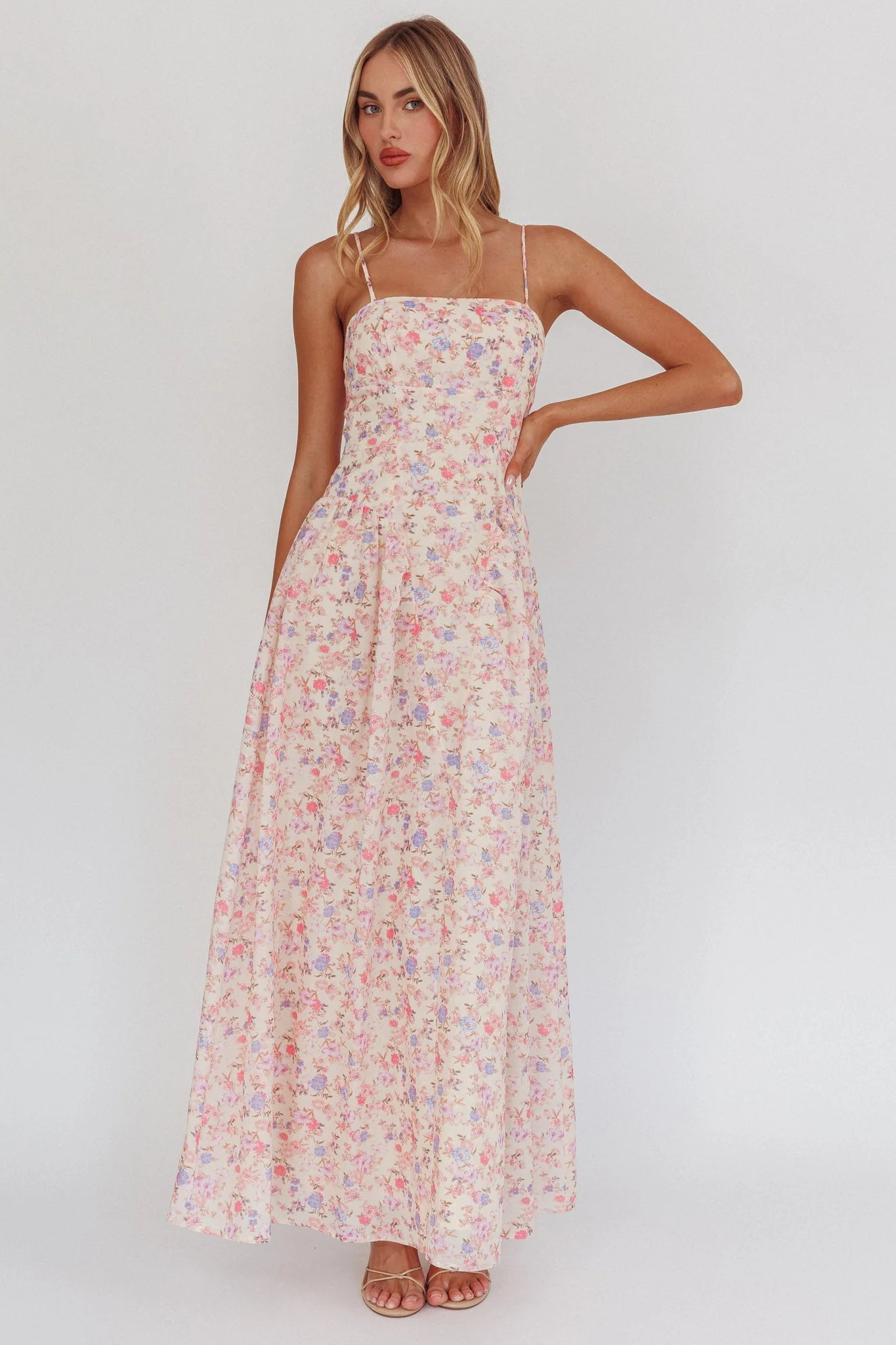 Daisy Day Basque Waist Maxi Dress Floral Blue