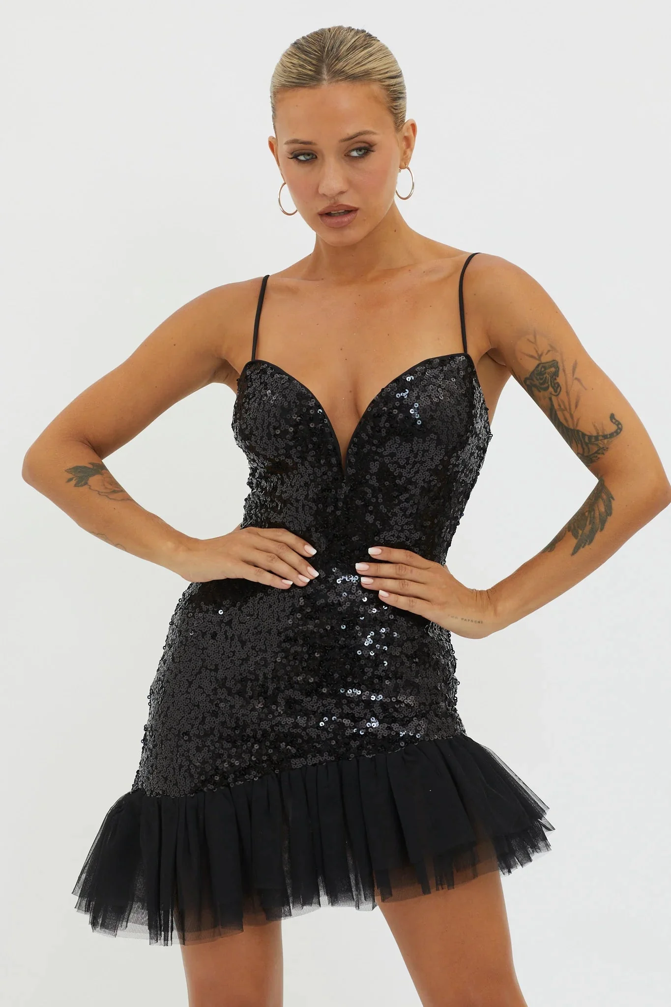 Sassafras Tulle Hem Sequin Mini Dress Black