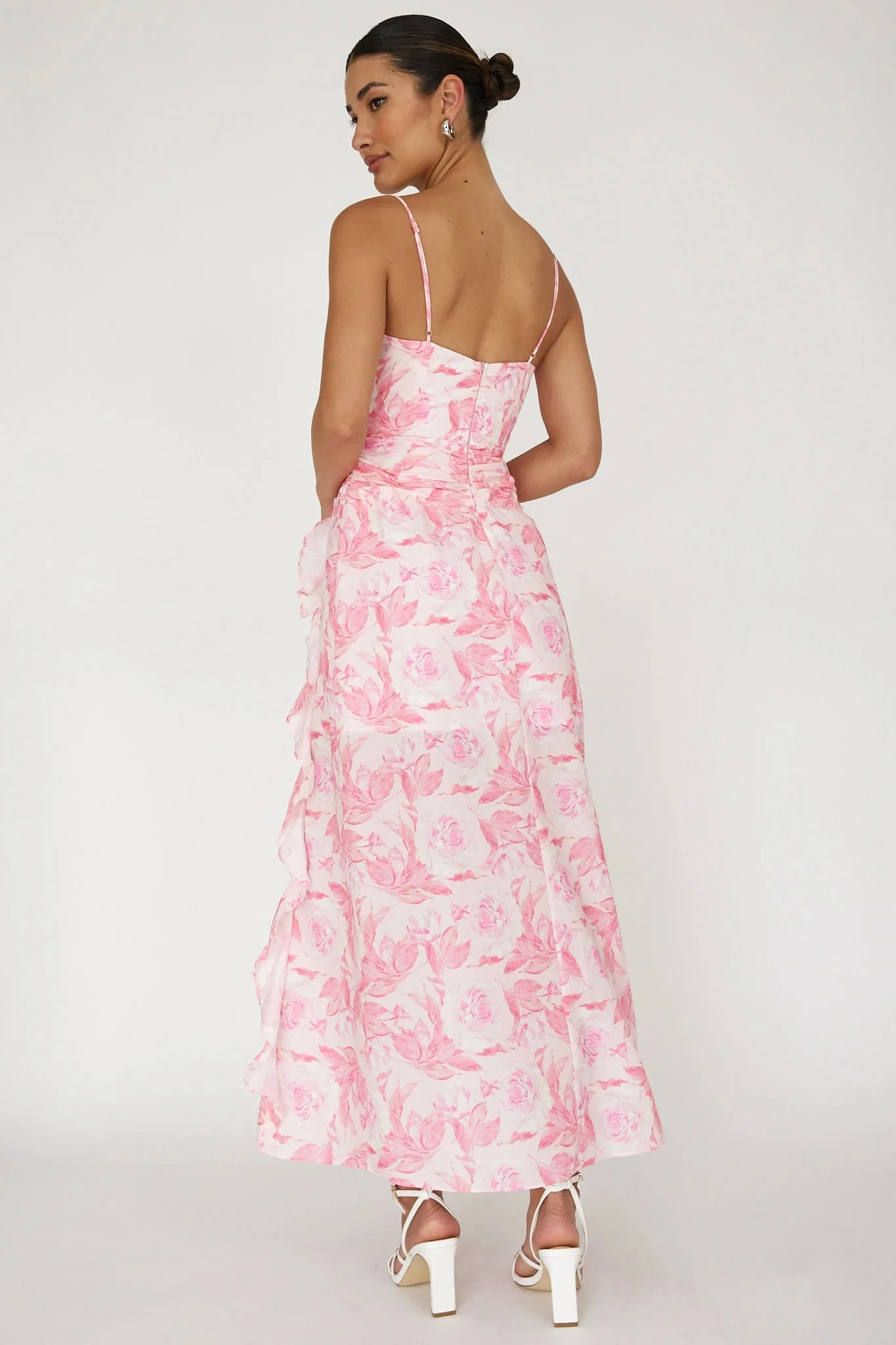 Serif Ruffle Trim Split Maxi Dress Pink