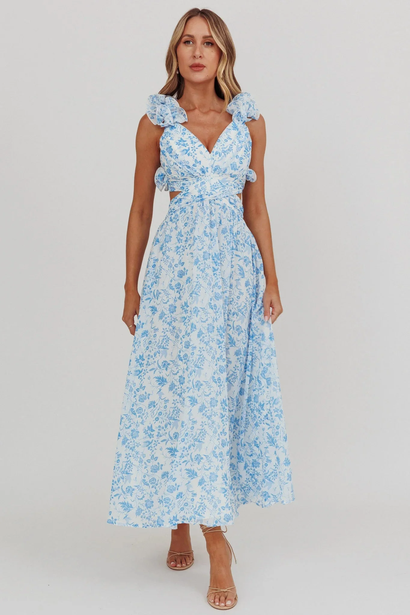 Madara Lace-Up Back Maxi Dress Flowers Blue