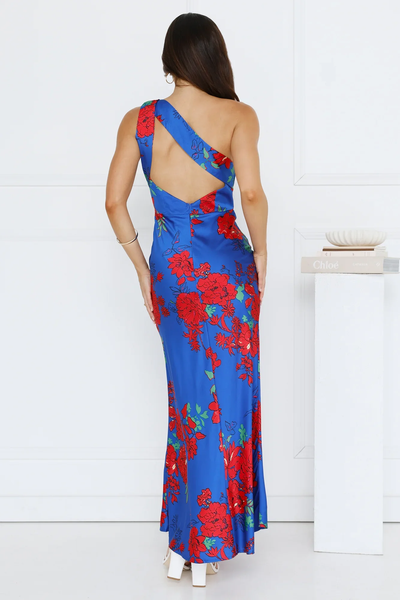 Lady Flower One Shoulder Satin Maxi Dress Blue