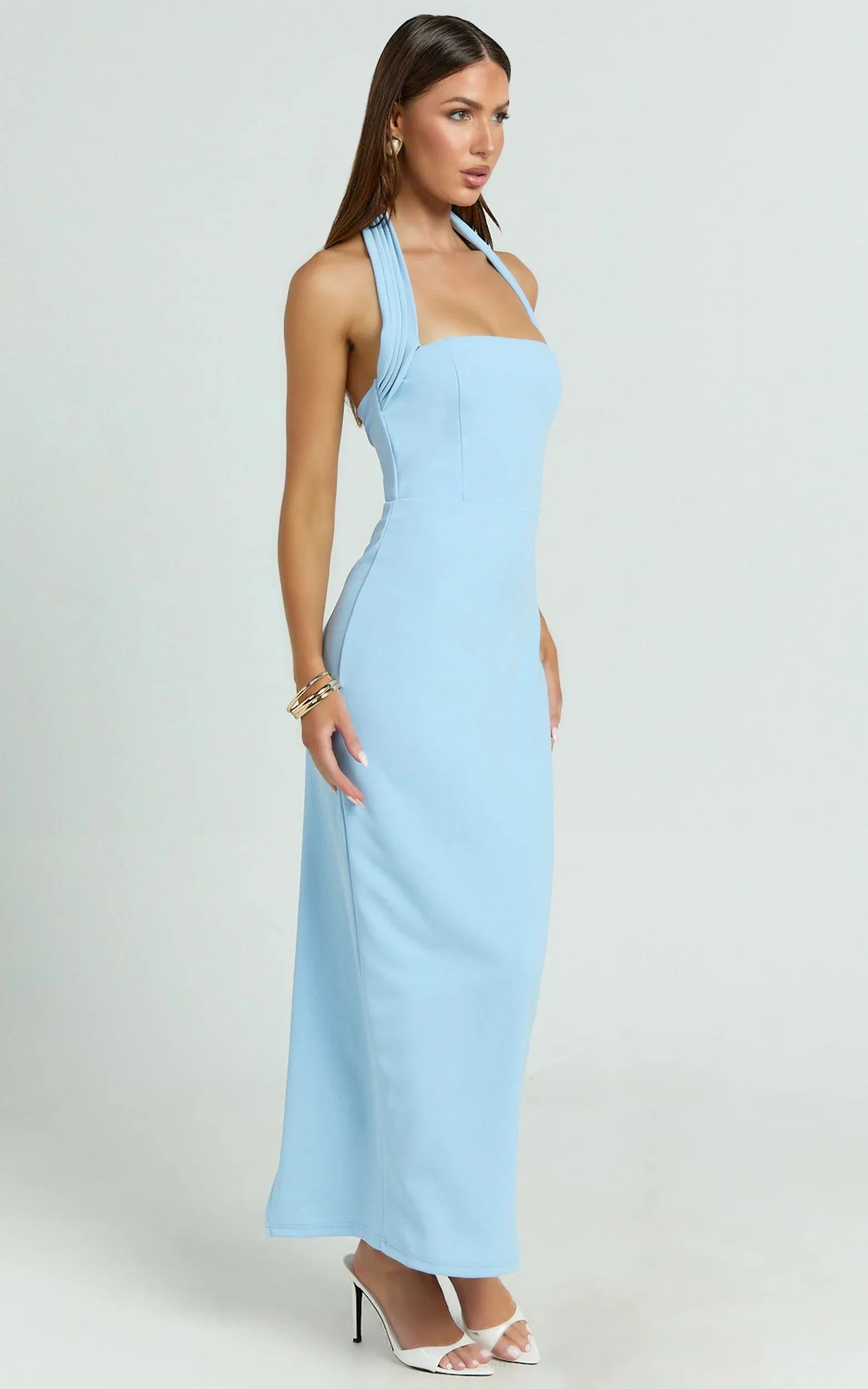 Salome Midi Dress Halter Neck Column Dress in Blue