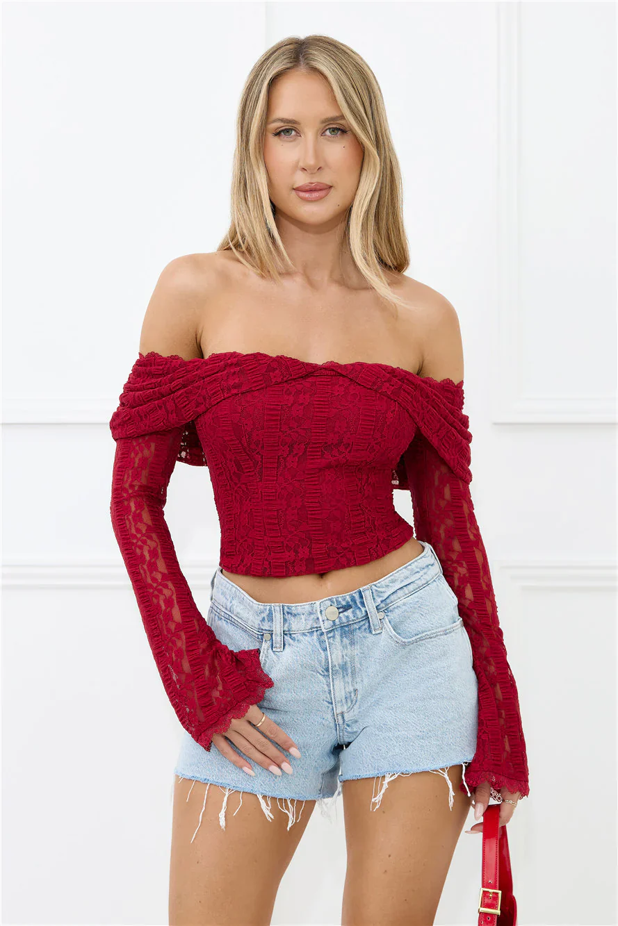 Lace Delight Off Shoulder Top Burgundy
