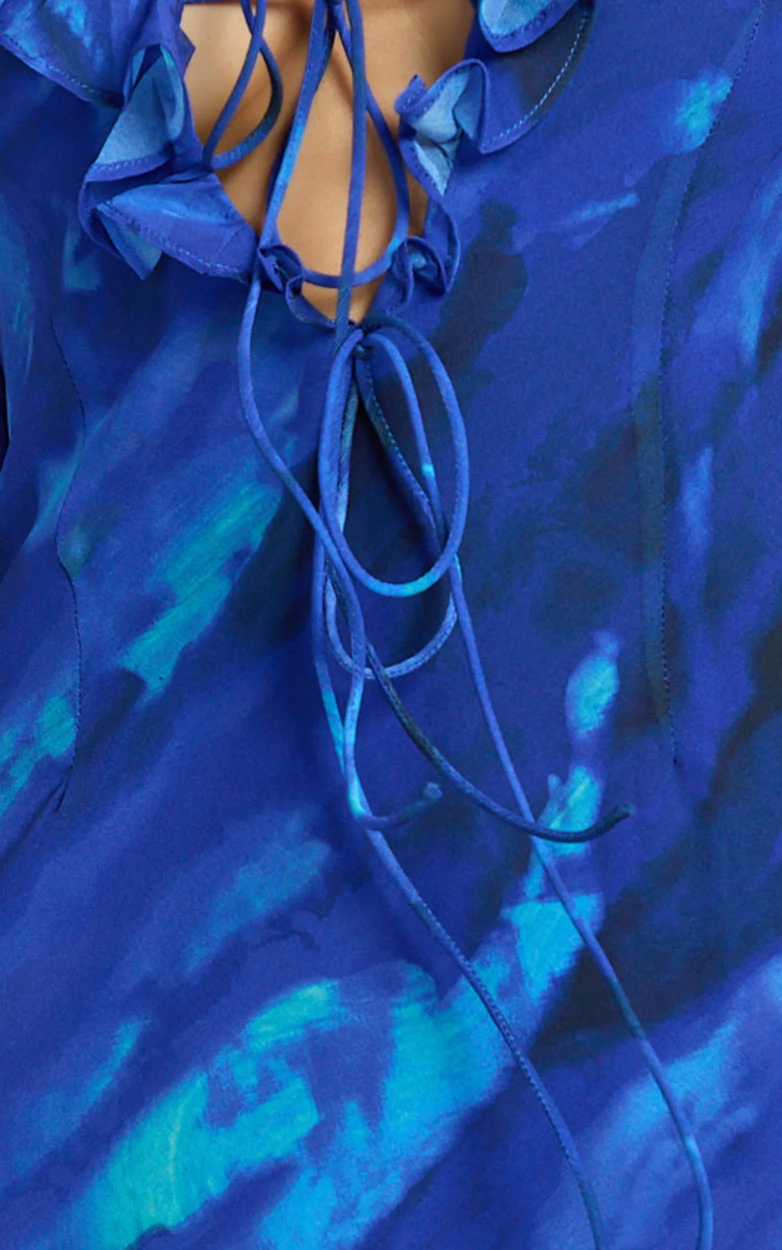 Alesya Mini Dress Ruffle Plunge Neck Long Sleeve Tie Detail Dress in Blue Abstract