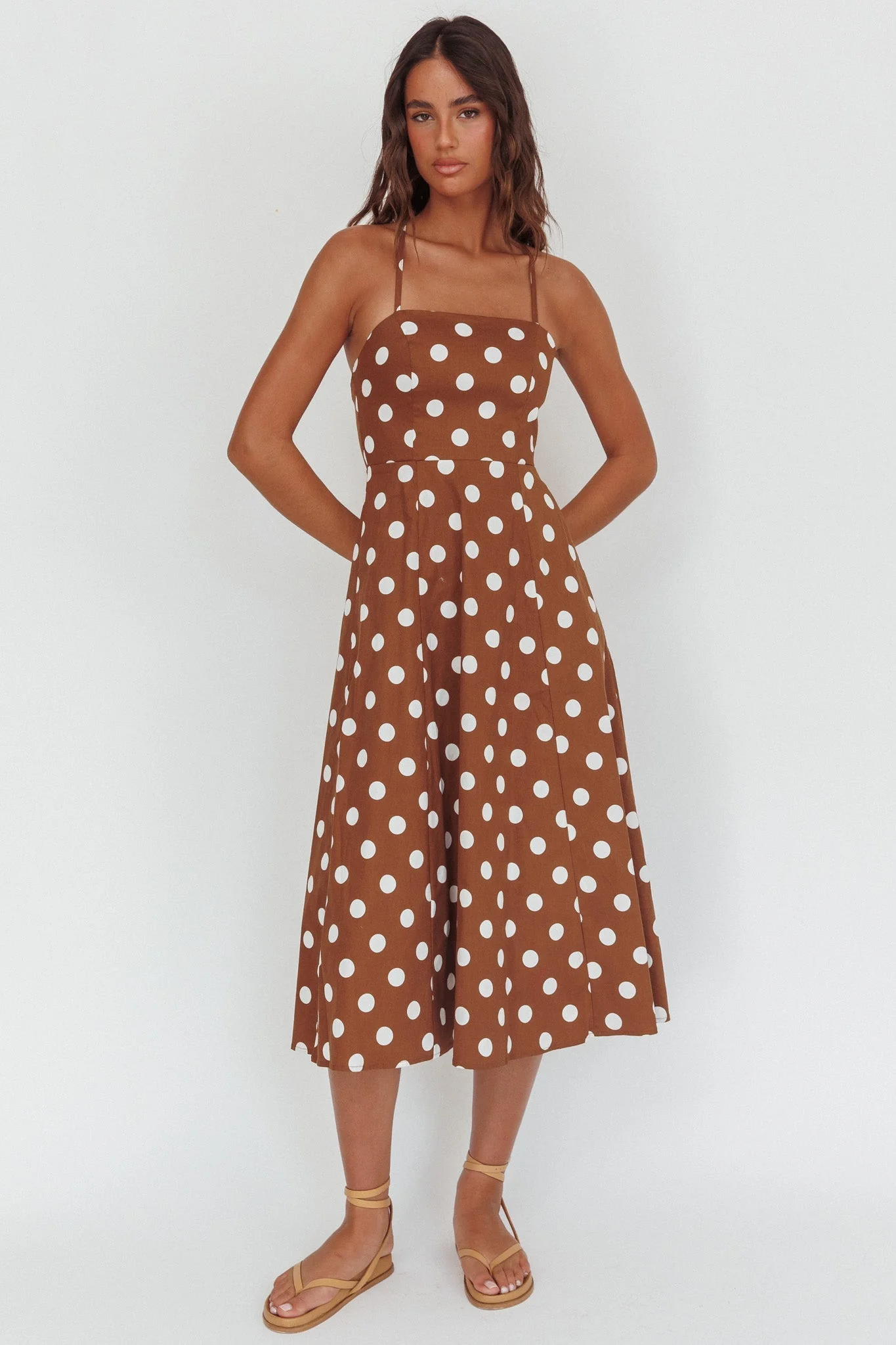 Second Glance Olga Criss-Cross Back Midi Dress Polka Dot Brown