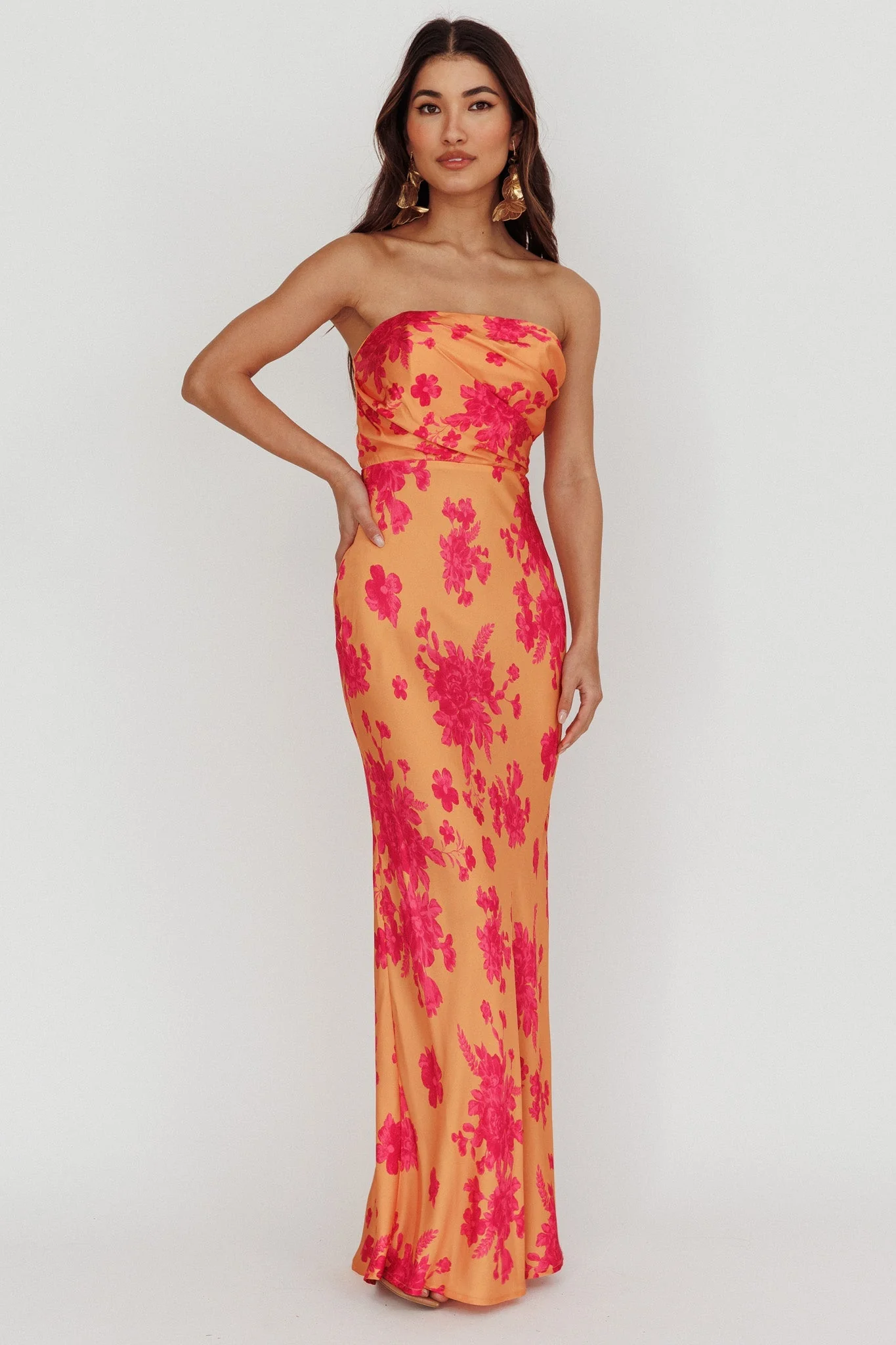 City Of Stars Strapless Maxi Dress Floral Orange