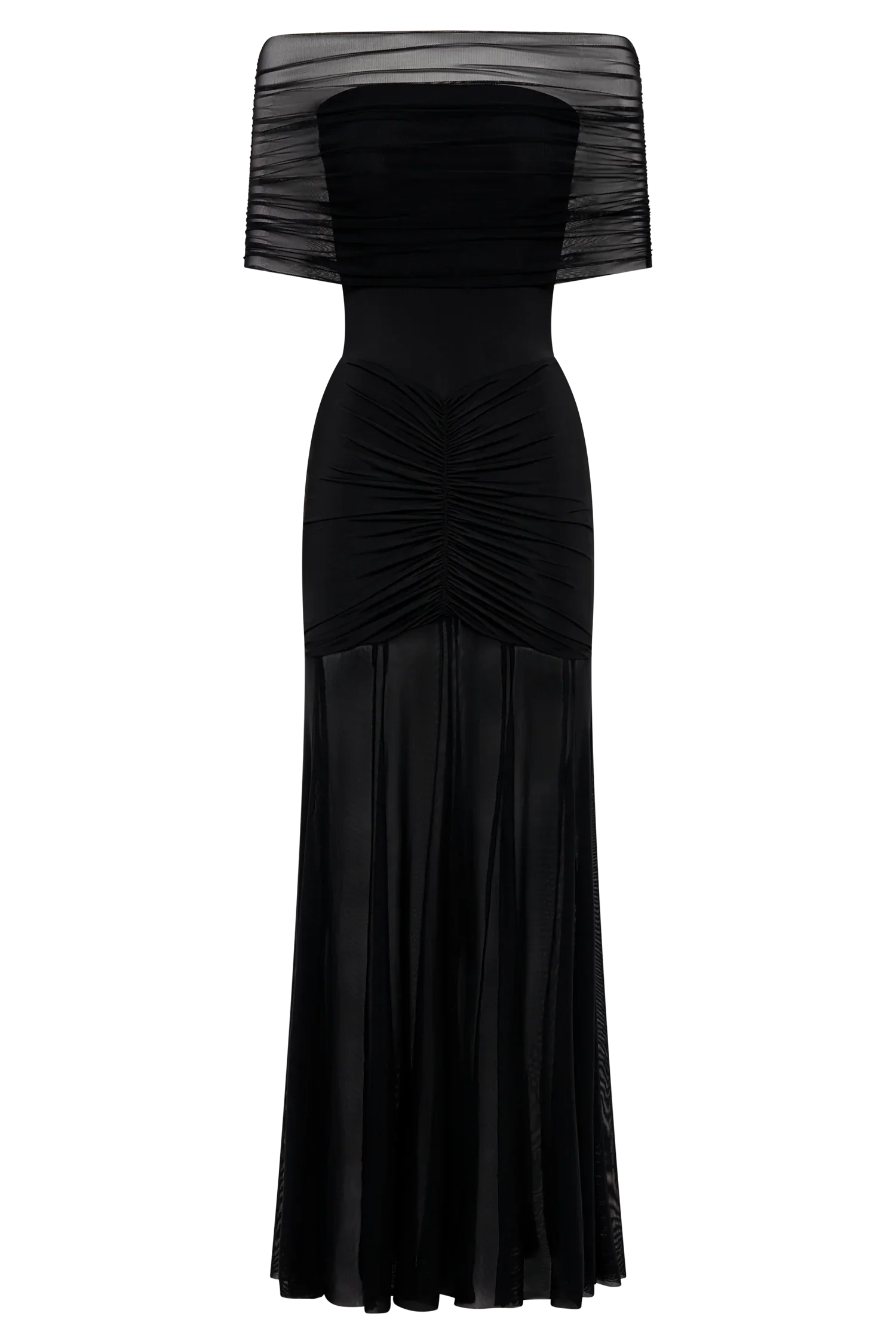 Caspian Slinky And Mesh Off Shoulder Maxi Dress - Black