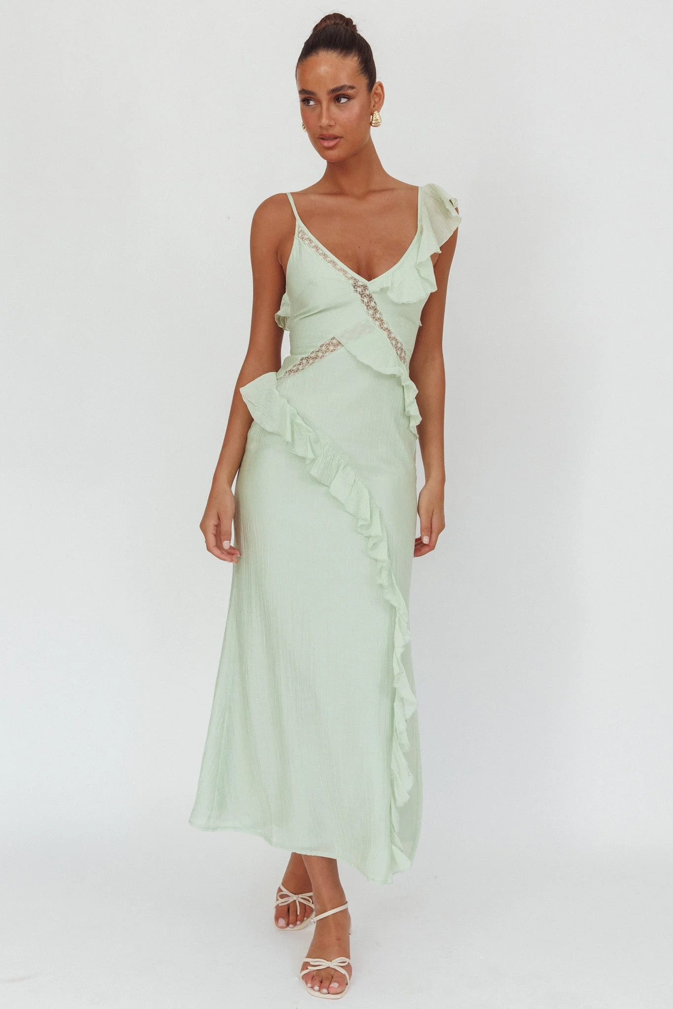 La Estrella Ruffle And Lace Trim Maxi Dress Sage