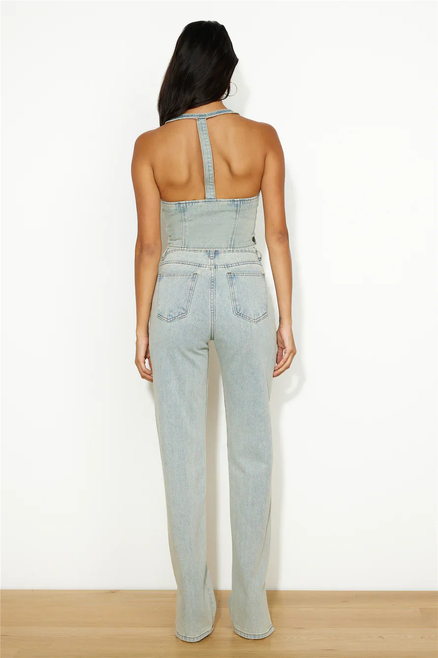 LIONESS NYC Halter Top Light Denim