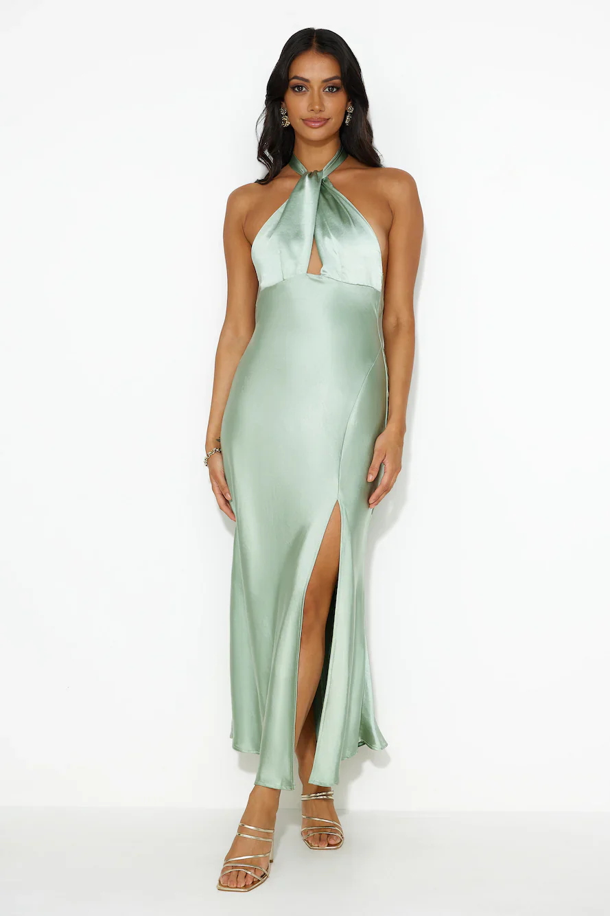 High Shine Nights Halter Satin Maxi Dress Sage