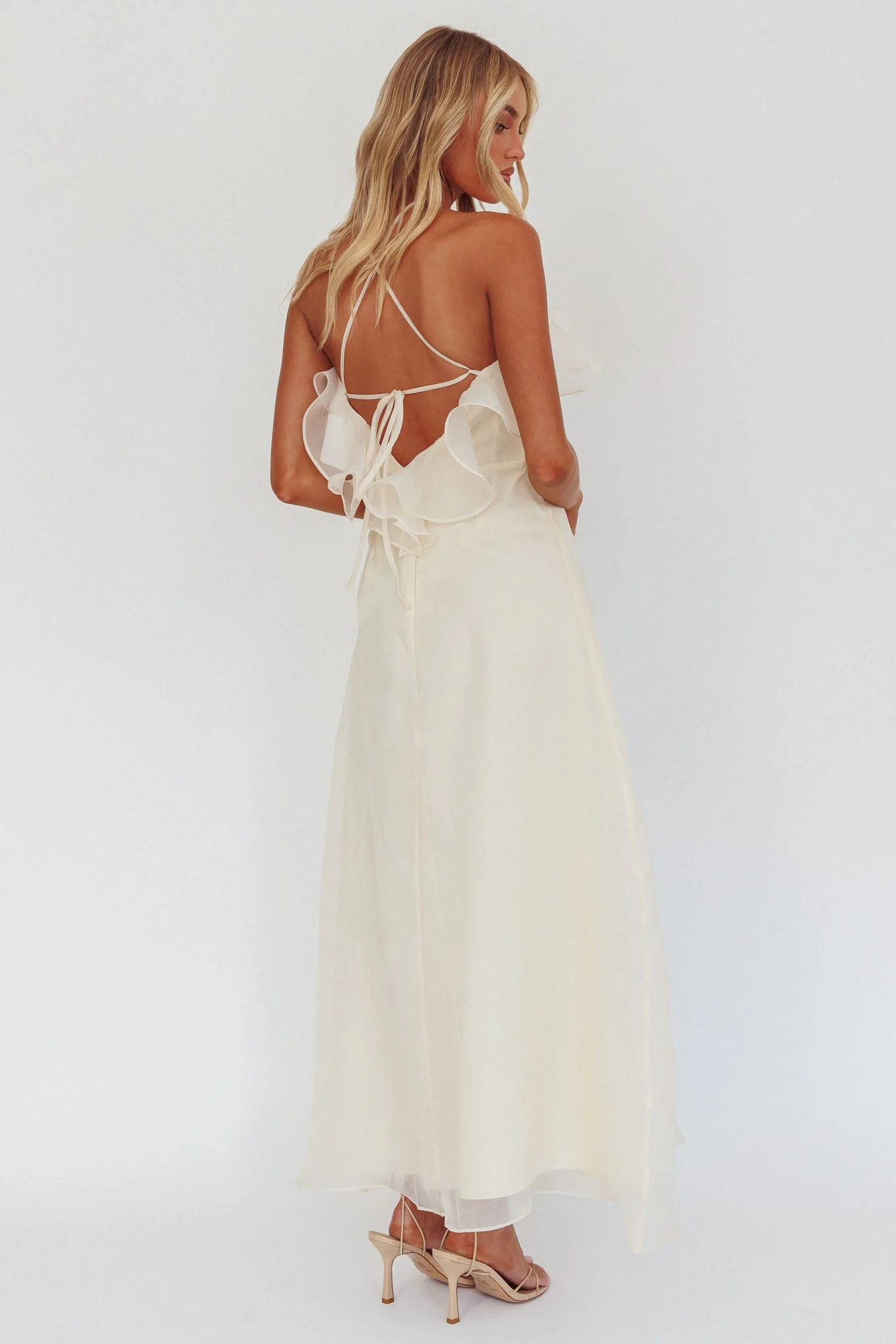 Cordially Invited Ruffle Neckline Rosette Maxi Vanilla