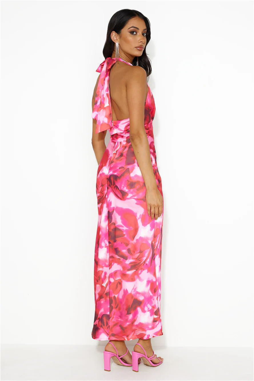 Ink Paint Halter Satin Maxi Dress Pink