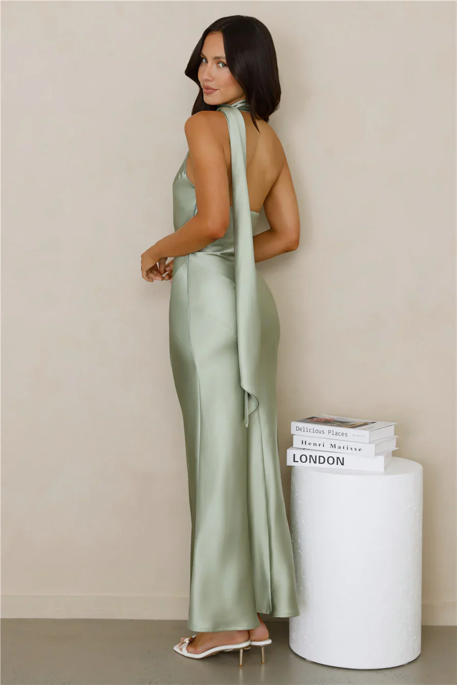 Kissed By Moonlight Satin Maxi Dress Sage
