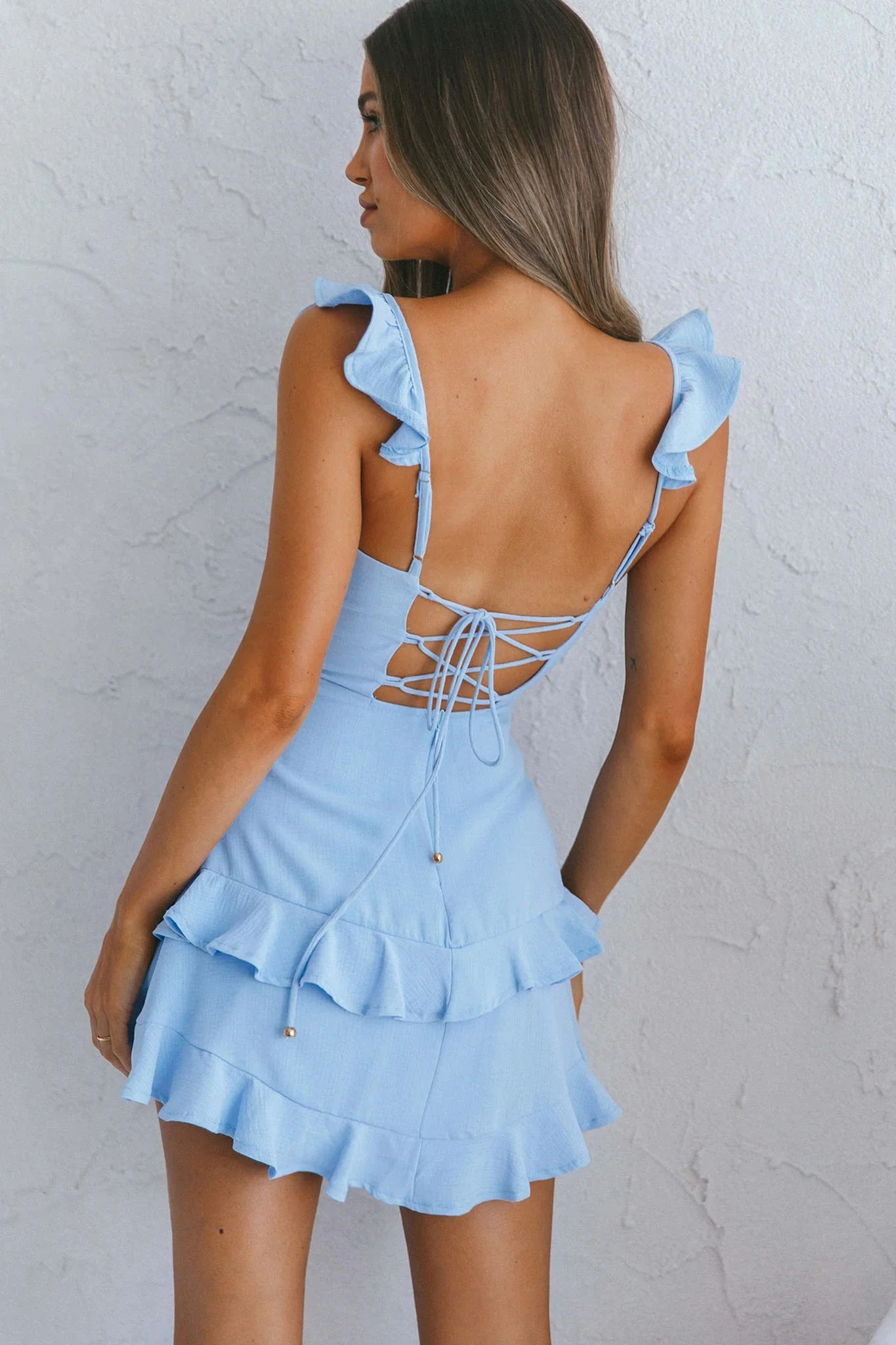 Moonlit Moment Ruffle Trim Piping Detail Lace-Up Back Dress Blue