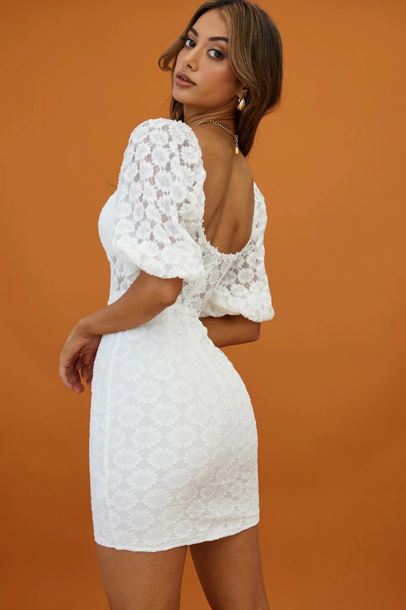 Secret Crush Puff Sleeve Floral Lace Bodycon Dress White