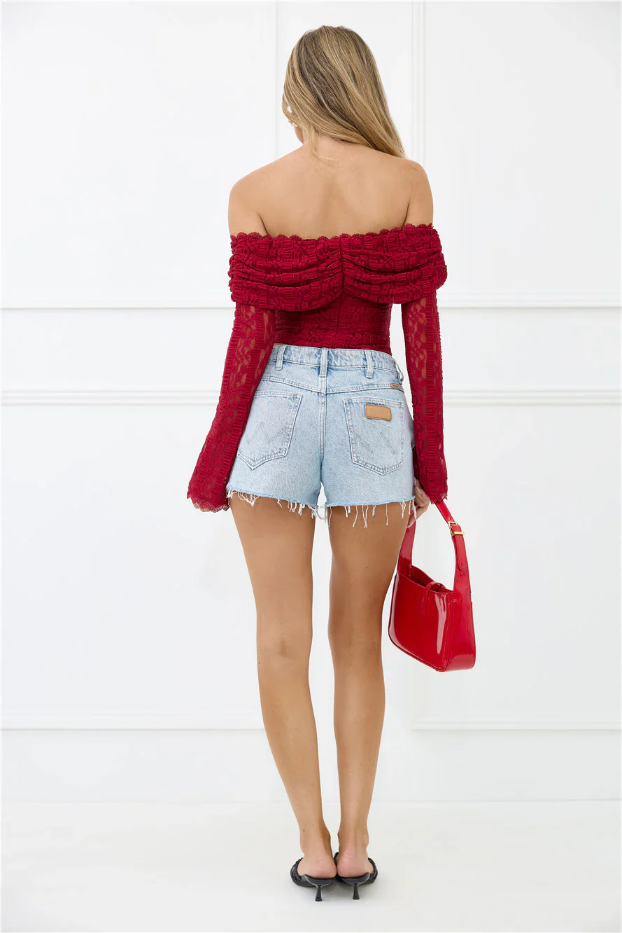Lace Delight Off Shoulder Top Burgundy