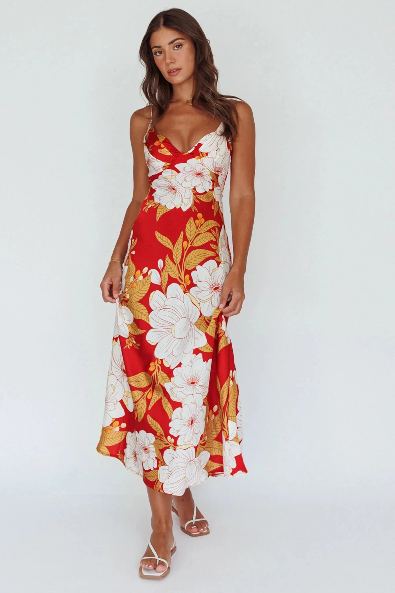 Infinity Pintuck Bust Midi Dress Flower Red