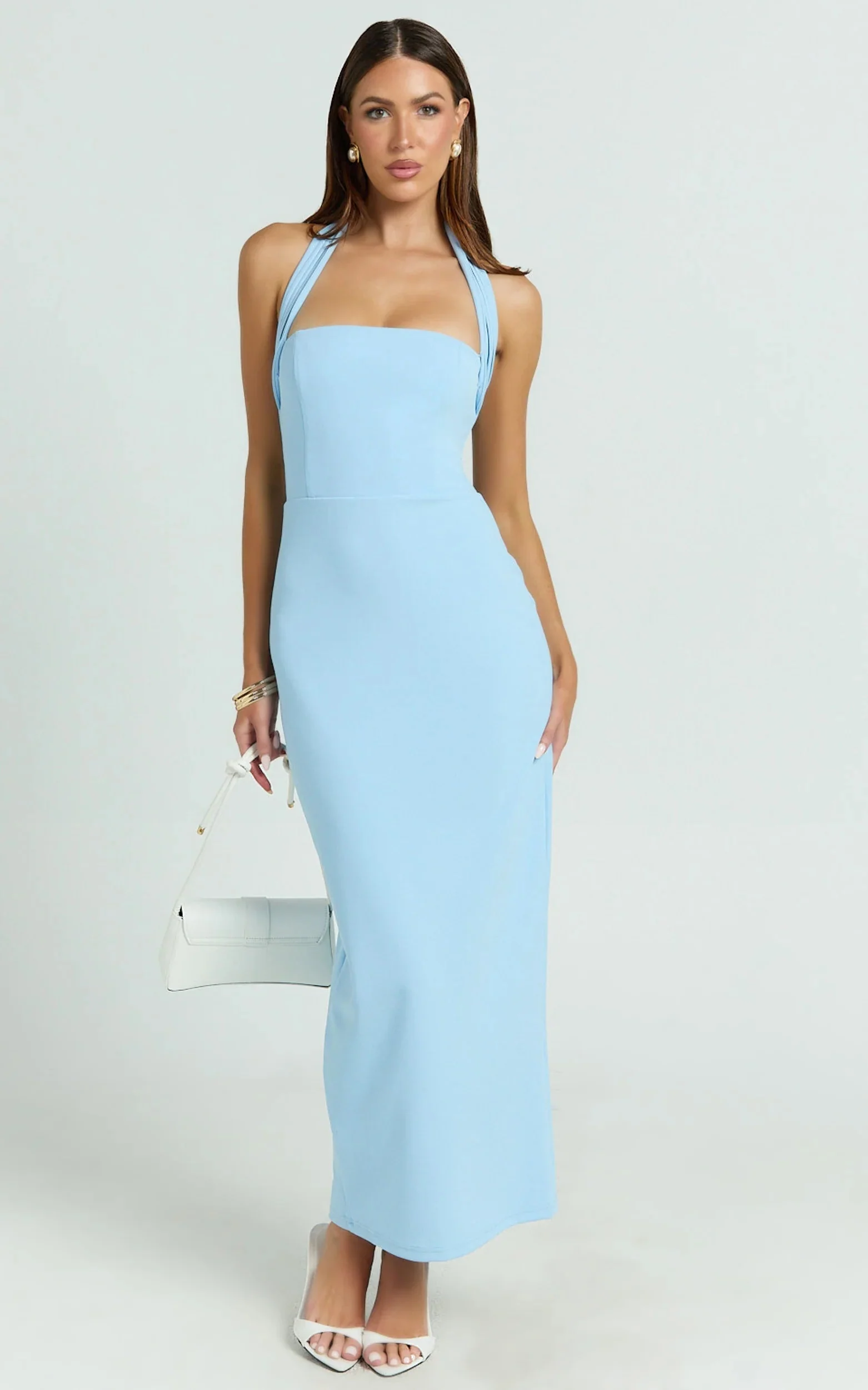 Salome Midi Dress Halter Neck Column Dress in Blue
