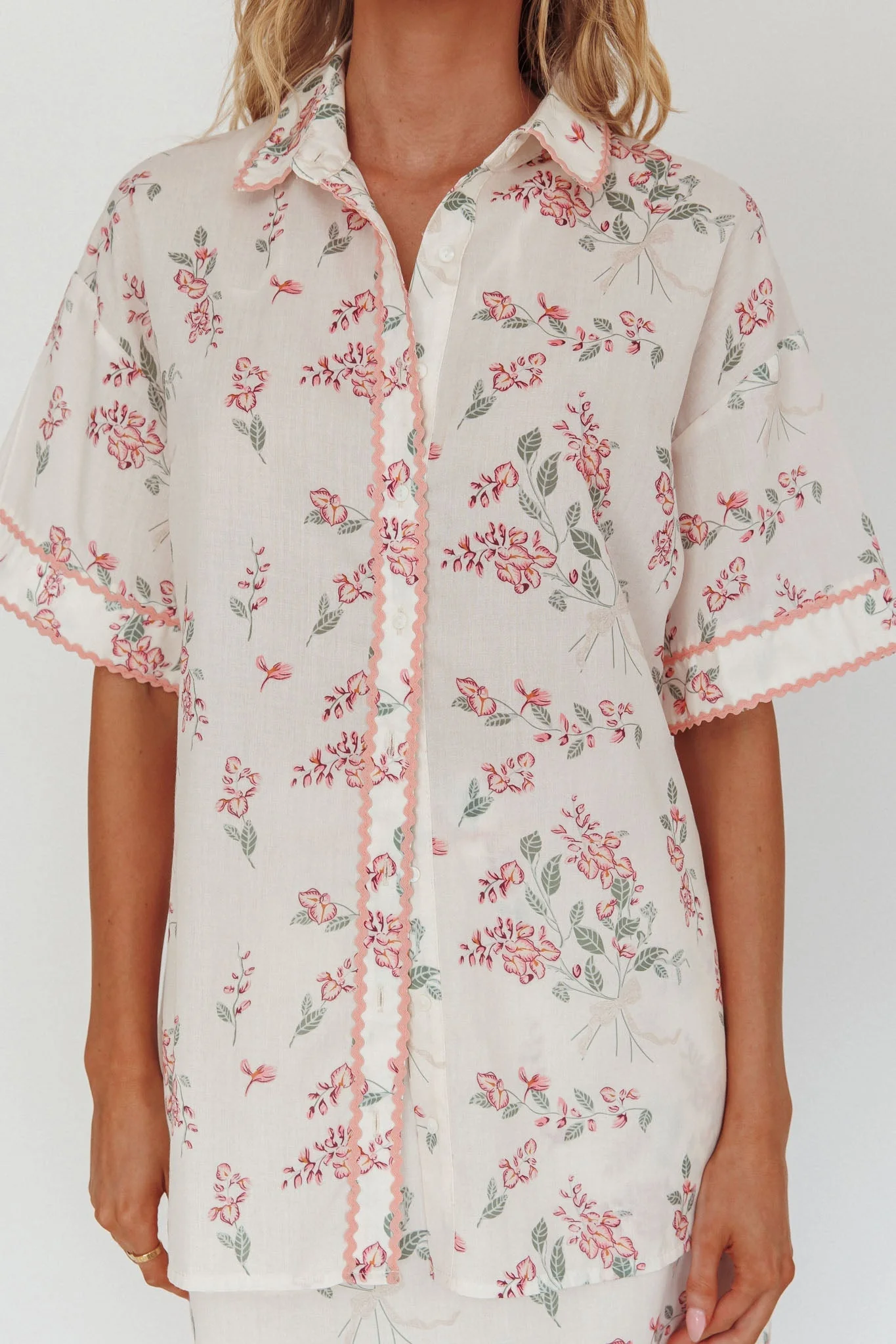 Catherina Ric-Rac Trim Button-Up Shirt Floral Pink