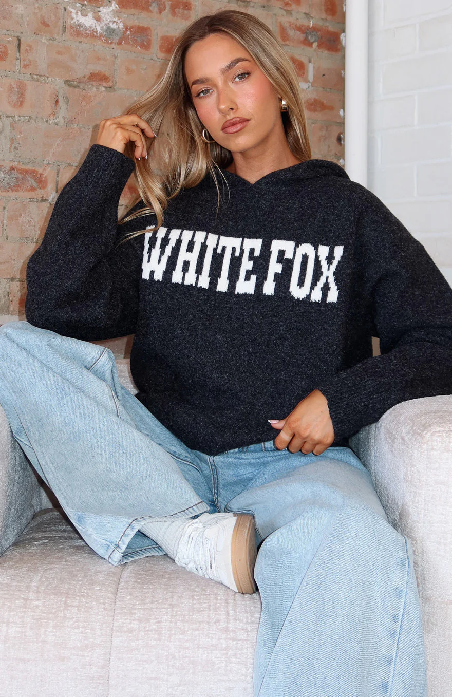 Off To Better Things Oversized Knit Hoodie Charcoal