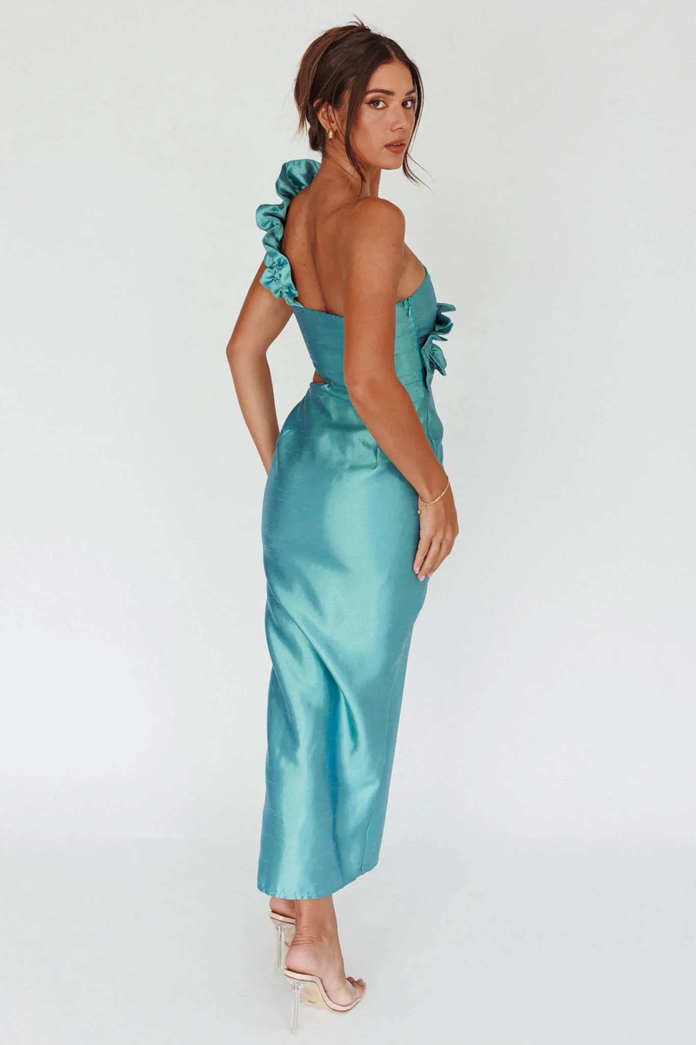 NY Moment Wide Ruffle Shoulder Dress Forest Green