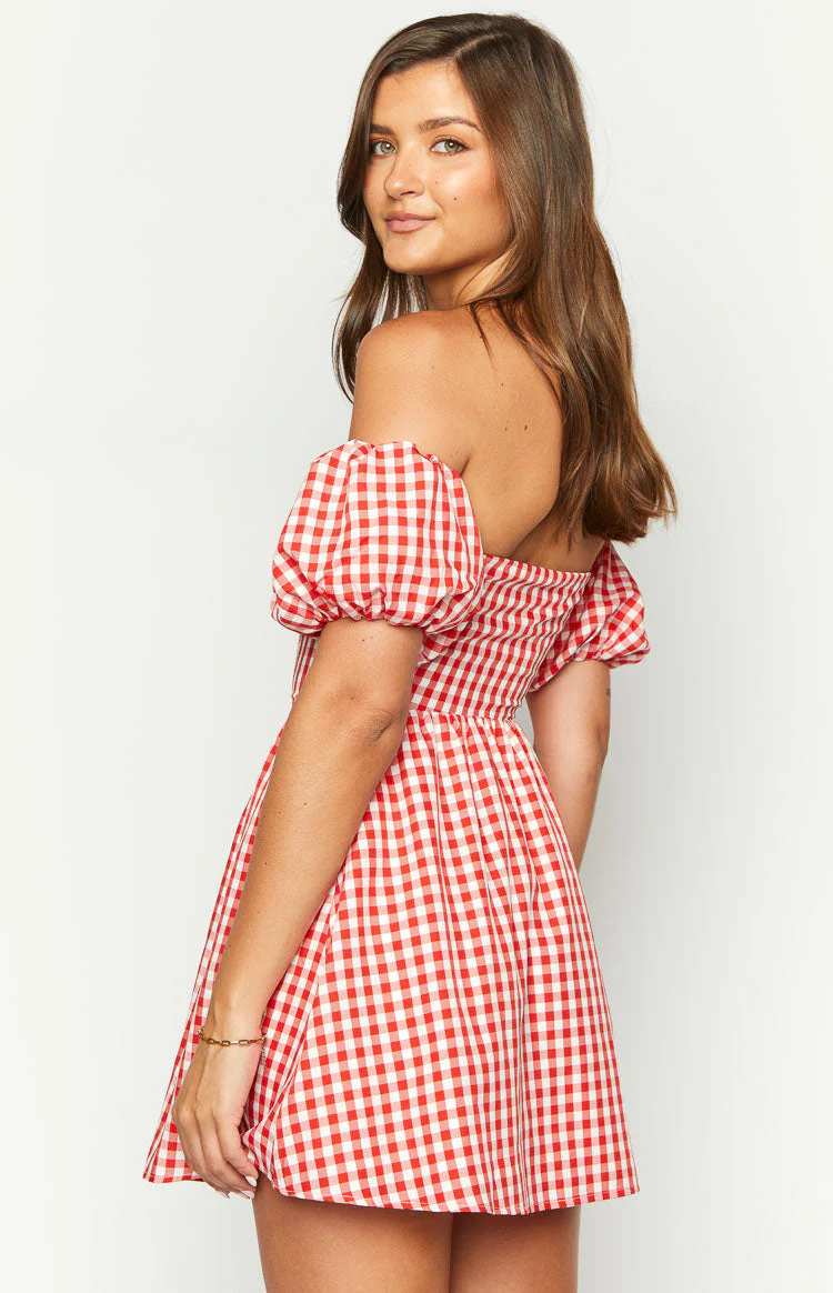 Love Lost Off The Shoulder Red Gingham Mini Dress