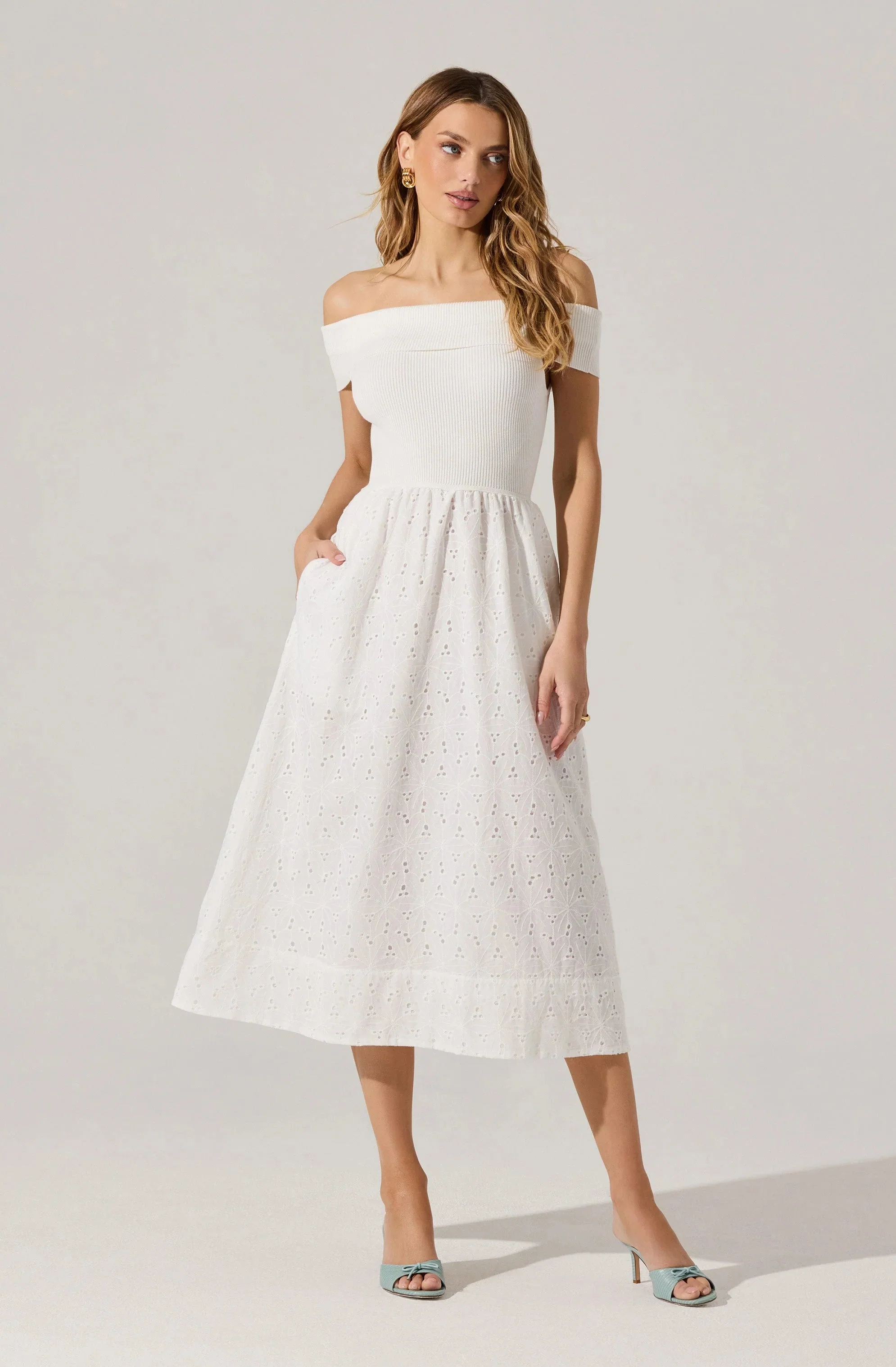 Off Shoulder Eyelet Midi Dress