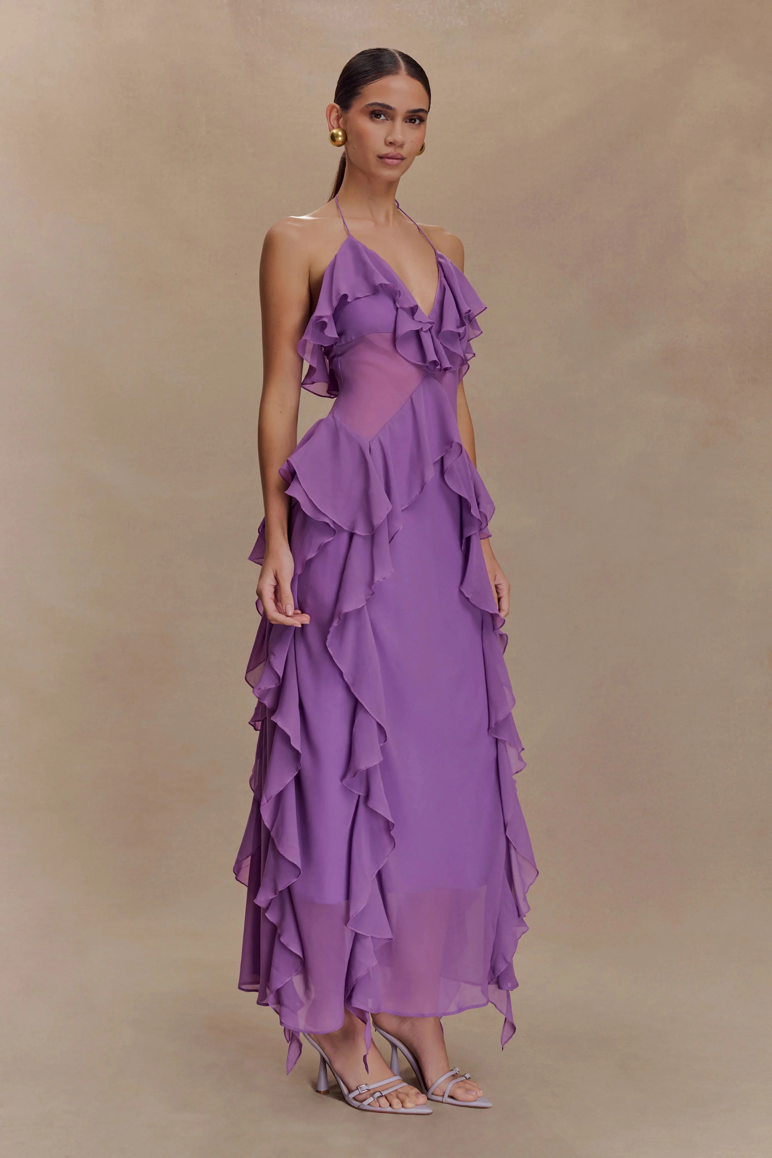 Aleyna Chiffon Ruffle Midi Dress - Purple