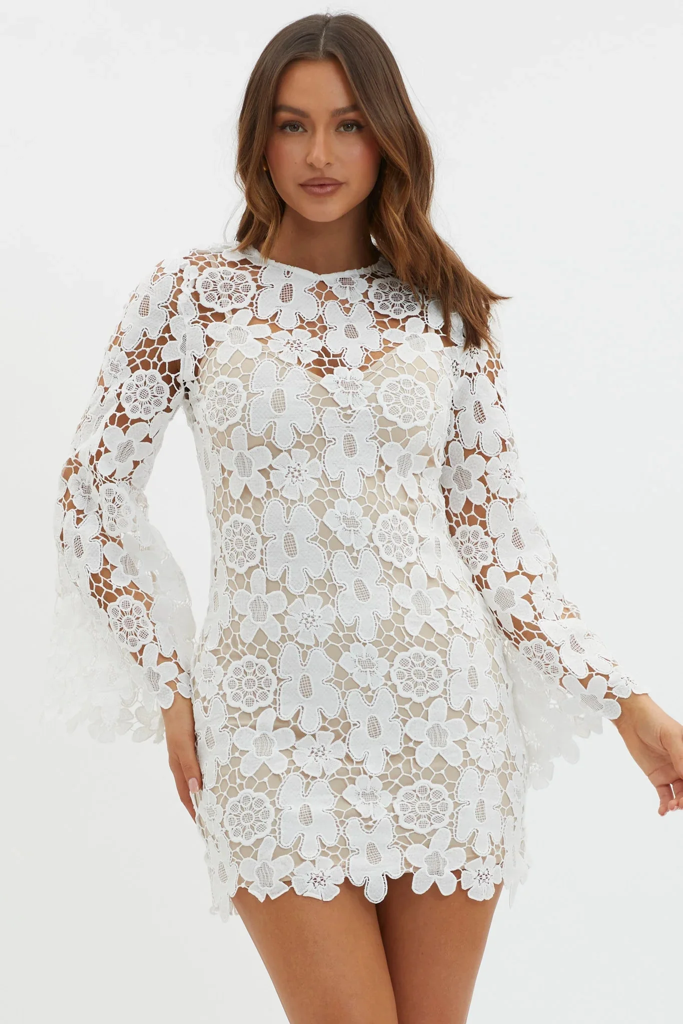 Reinhart Flared Sleeve Crochet Lace Dress White