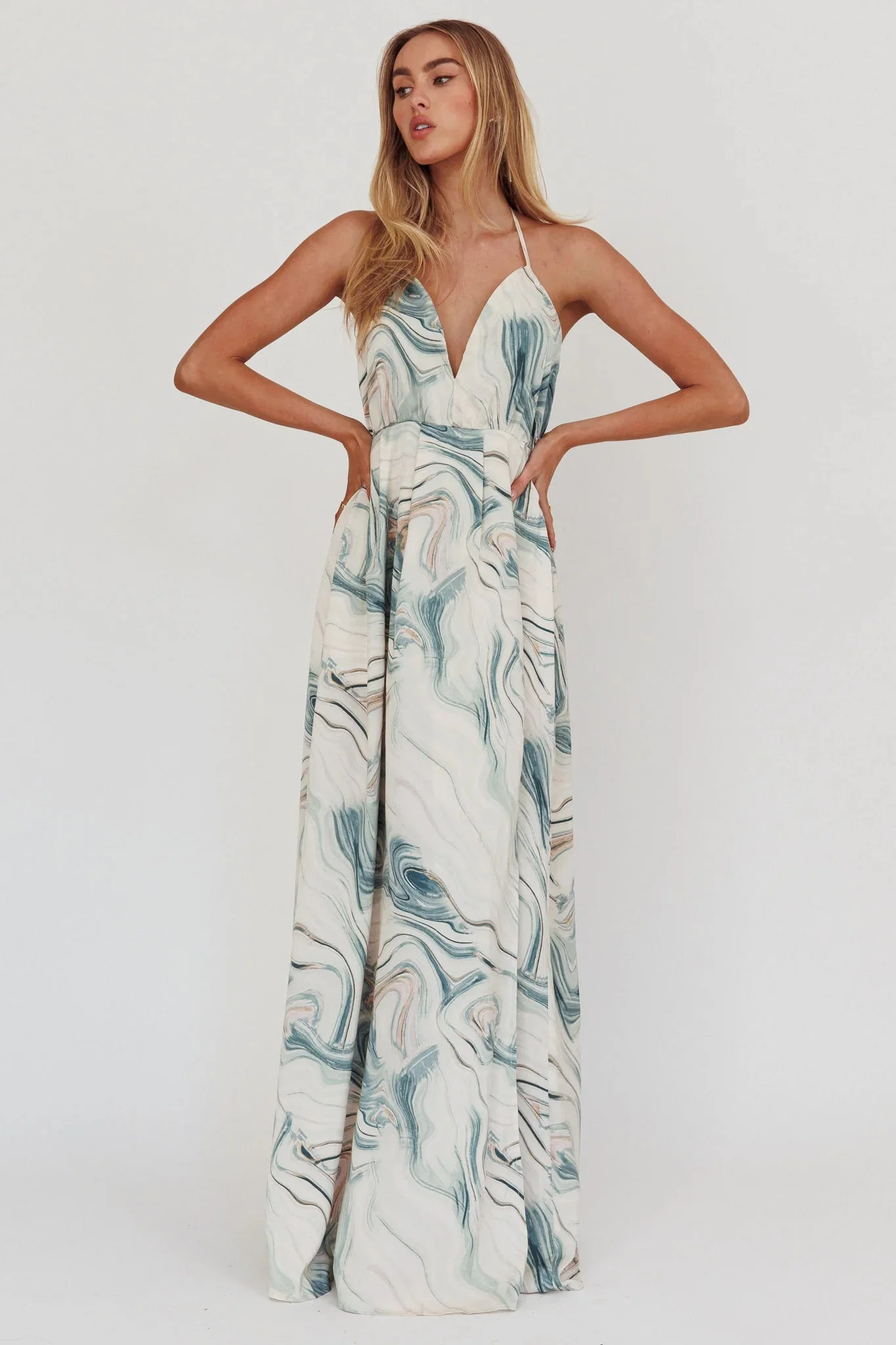 Snooze Marble Print Backless Maxi Dress Teal