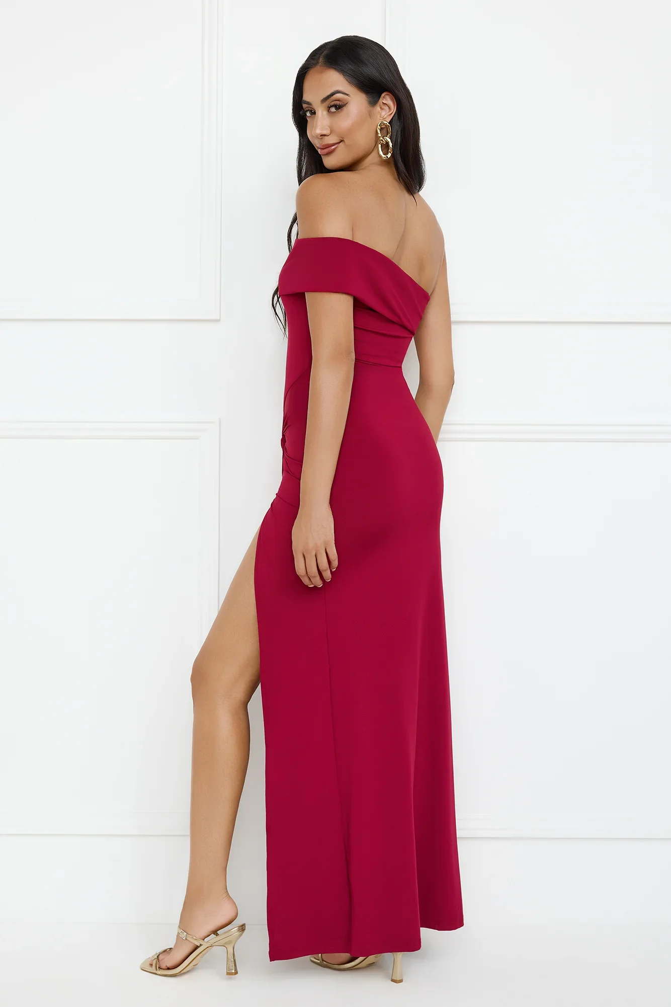 Lavish Luxe Off Shoulder Maxi Dress Burgundy
