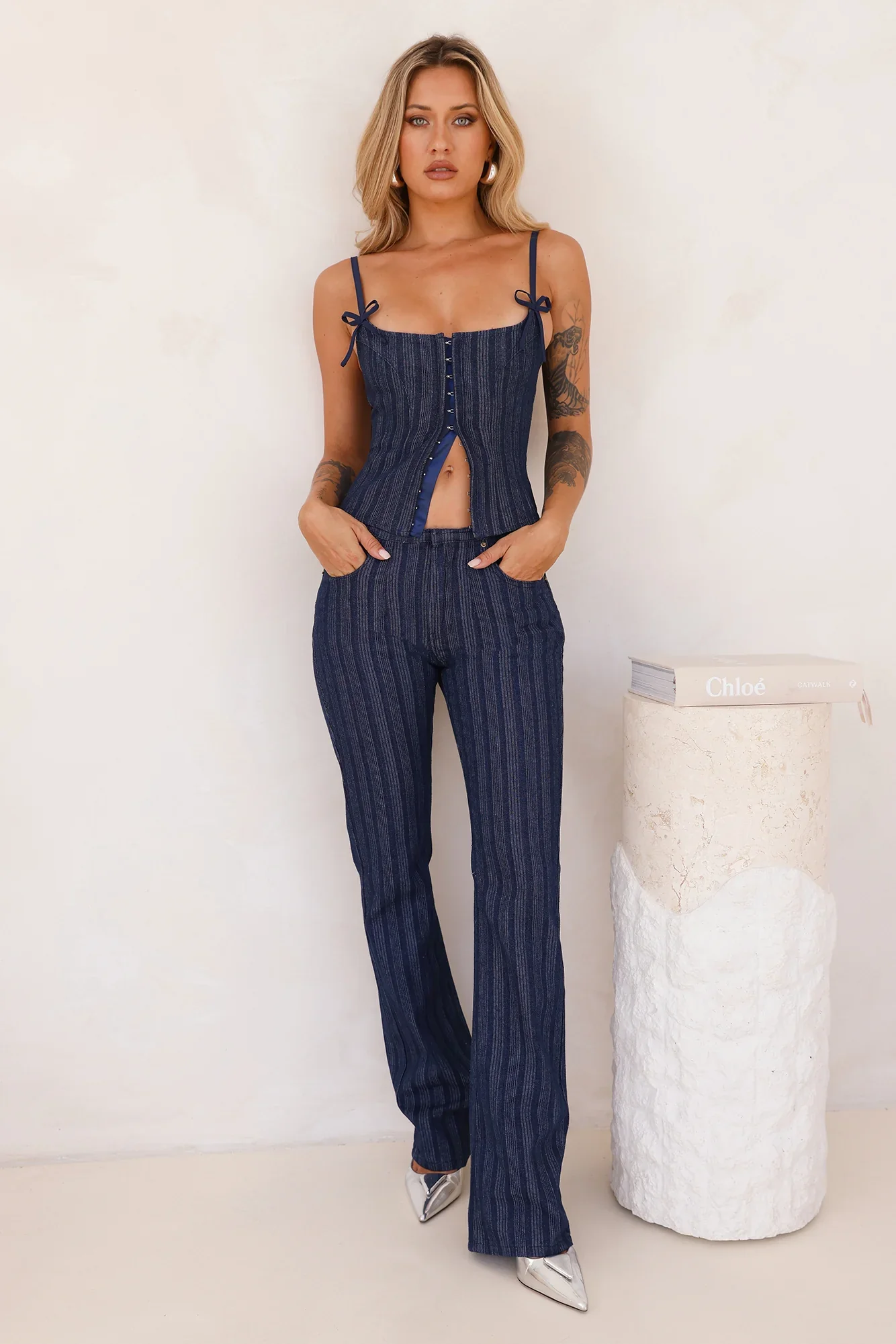 LIONESS Charismatic Denim Corset Dark Pinstripe