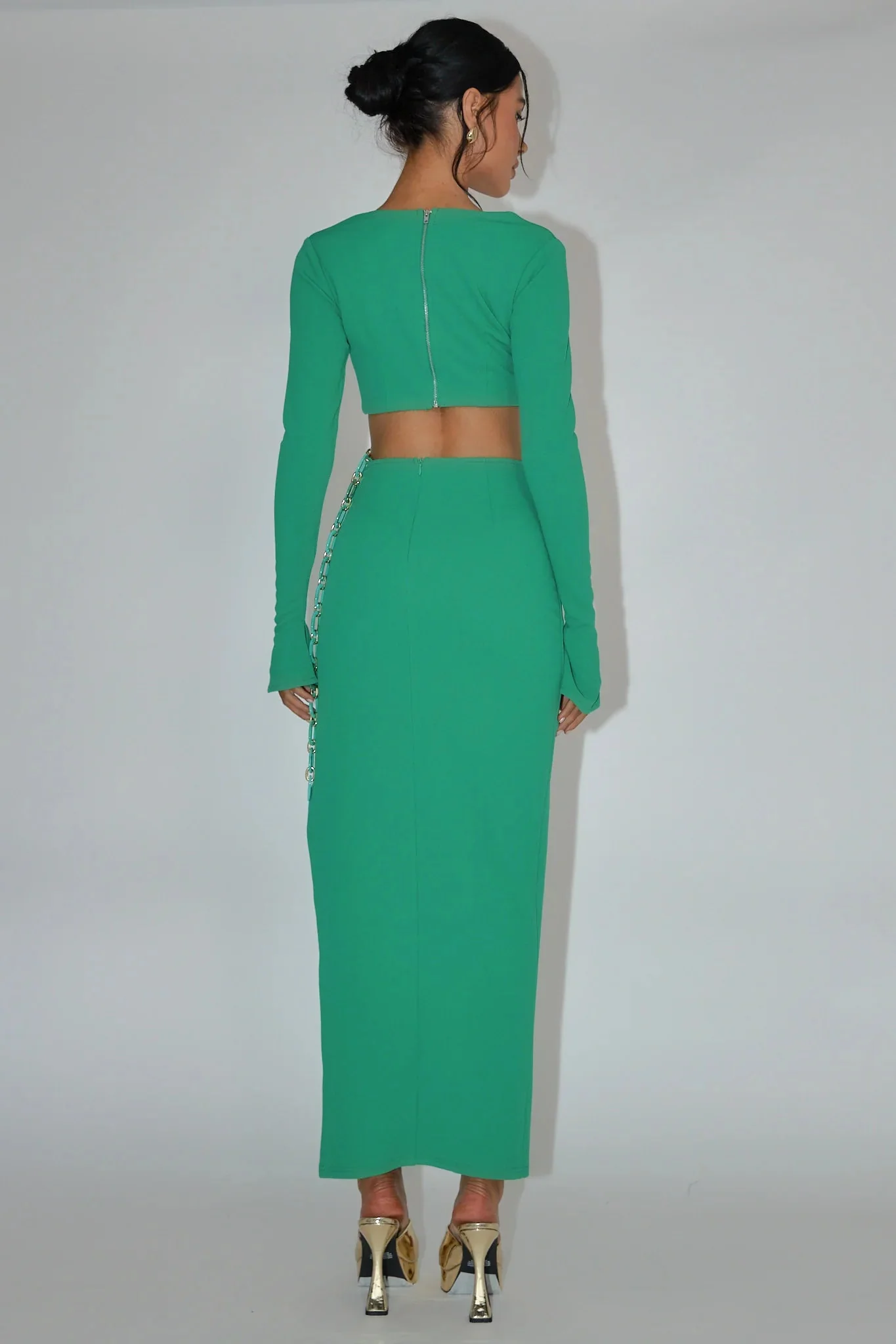 Sigournie Long Sleeve Chain Midi Dress Green