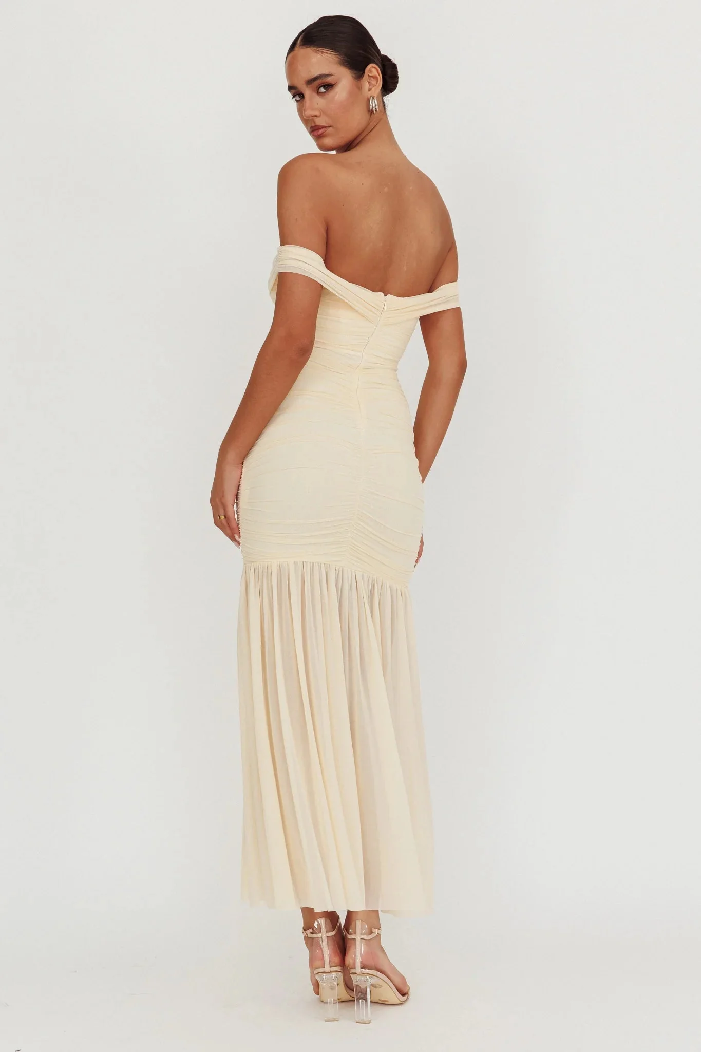 La Salle Off Shoulder Mesh Maxi Dress Ivory