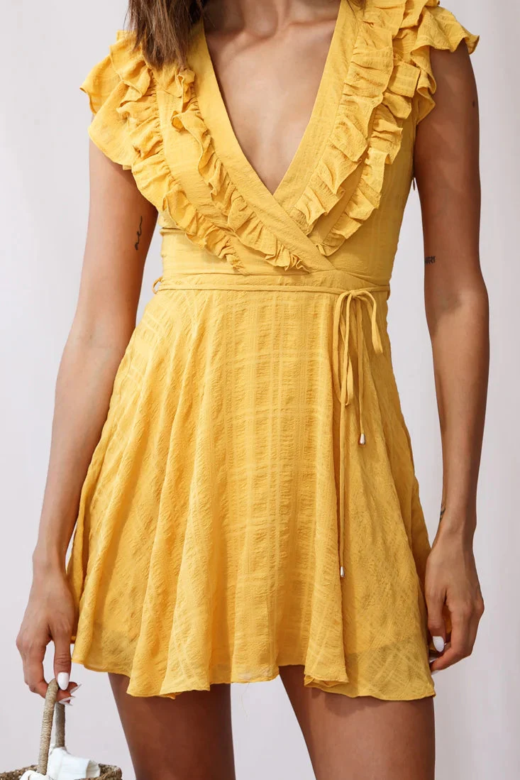 Asher Layered Frill Neckline Mini Dress Yellow