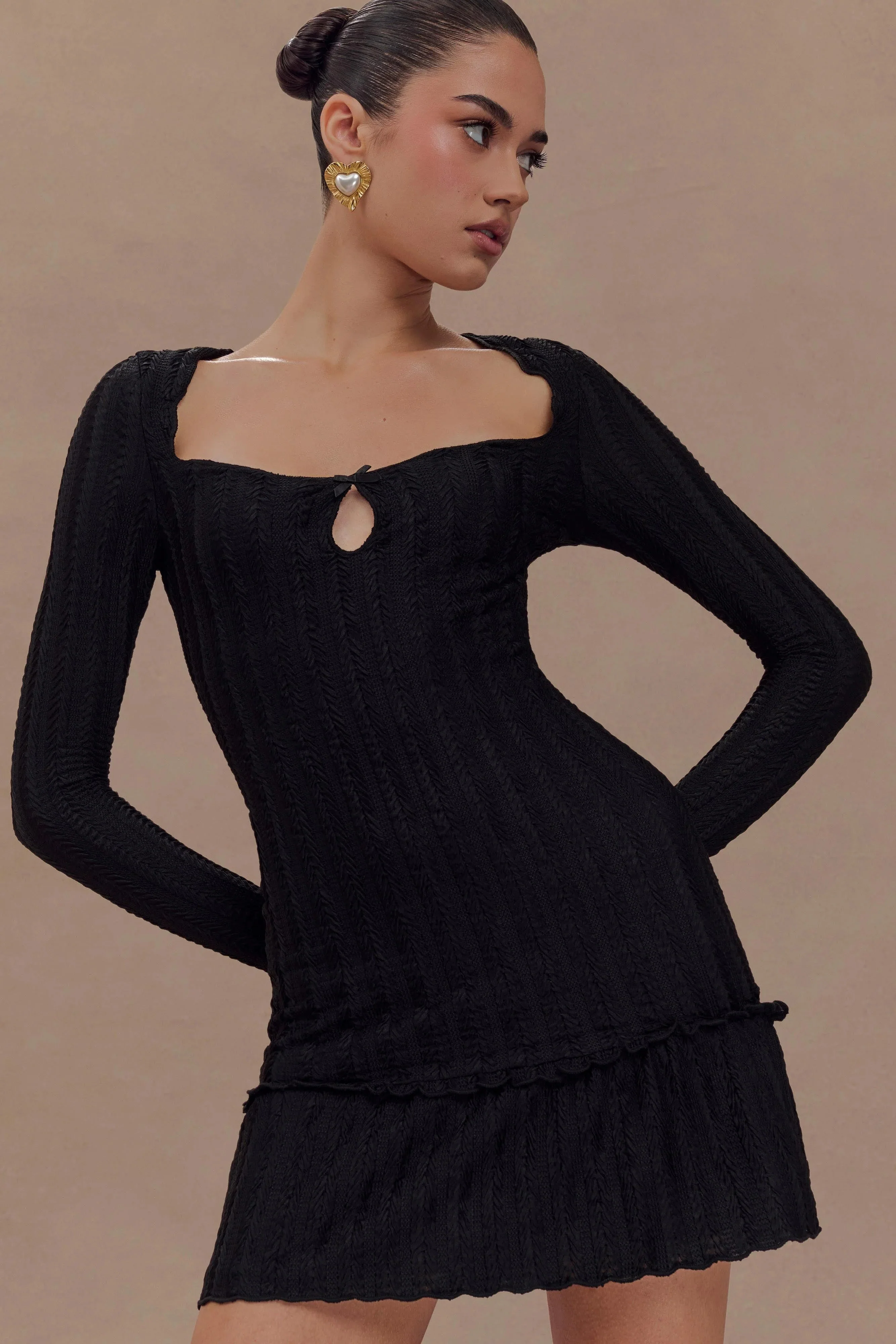 Daphne Pointelle Long Sleeve Mini Dress - Black