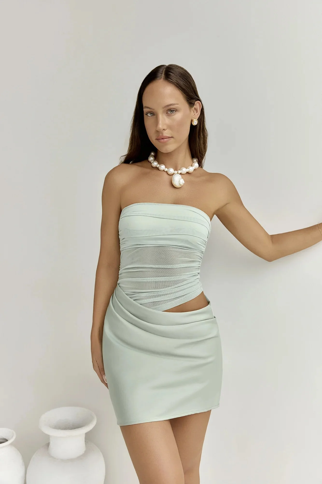 Call Me Darling Strapless Mesh Mini Dress Sage