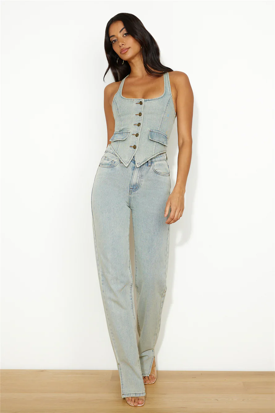 LIONESS NYC Halter Top Light Denim