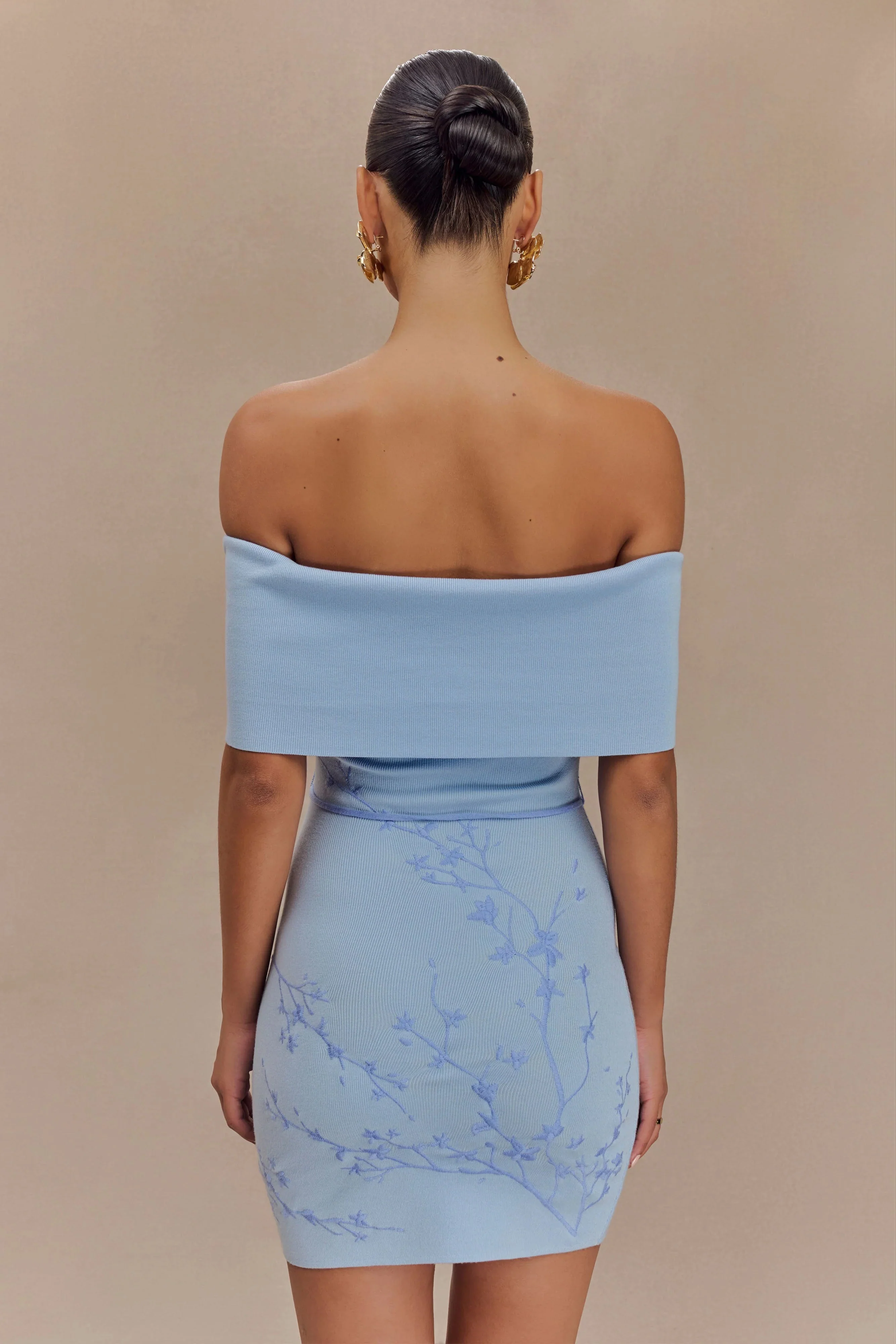 Mallory Off Shoulder Embroidered Knit Mini Dress - Ice Blue