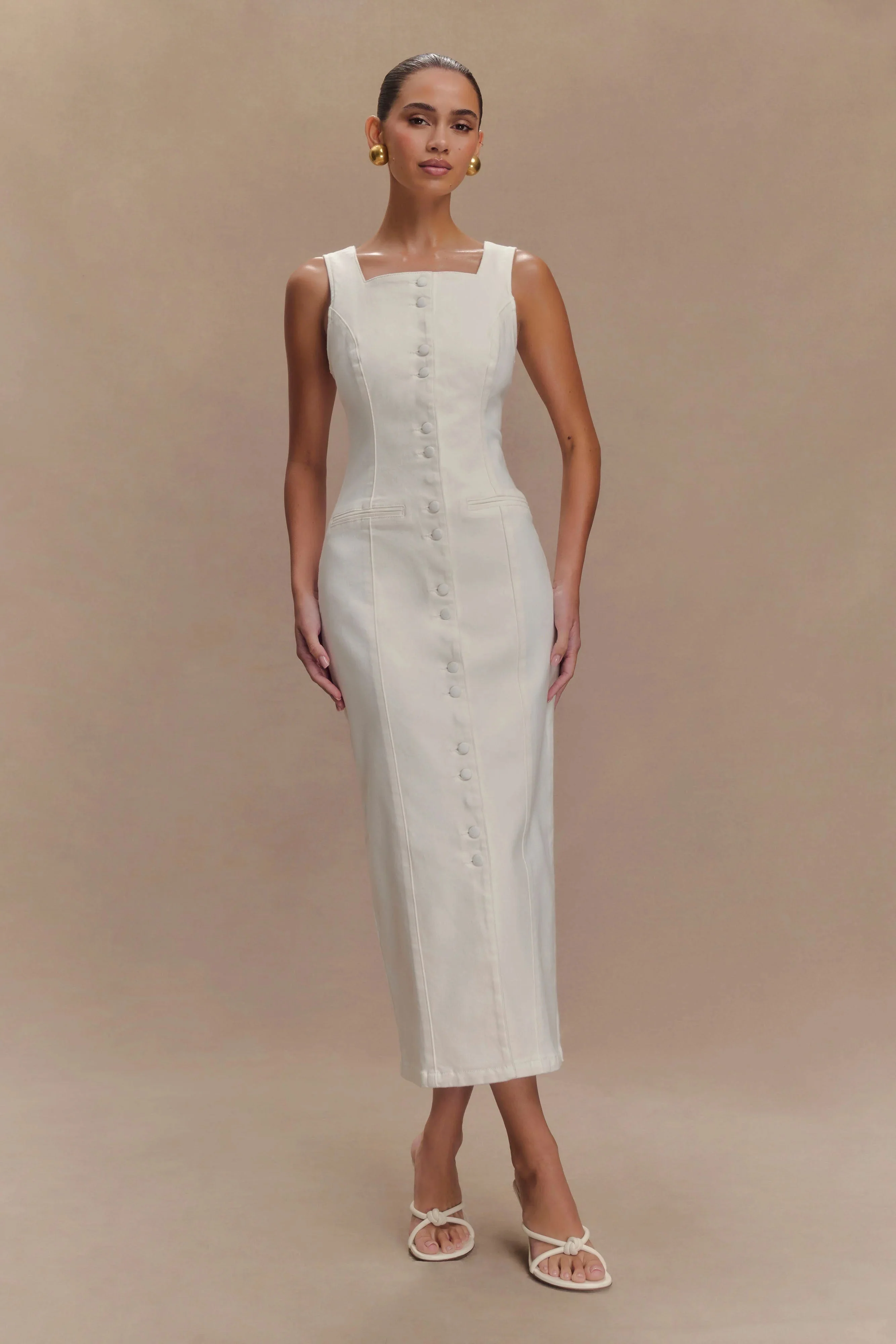 Reyna Denim Midi Dress - White