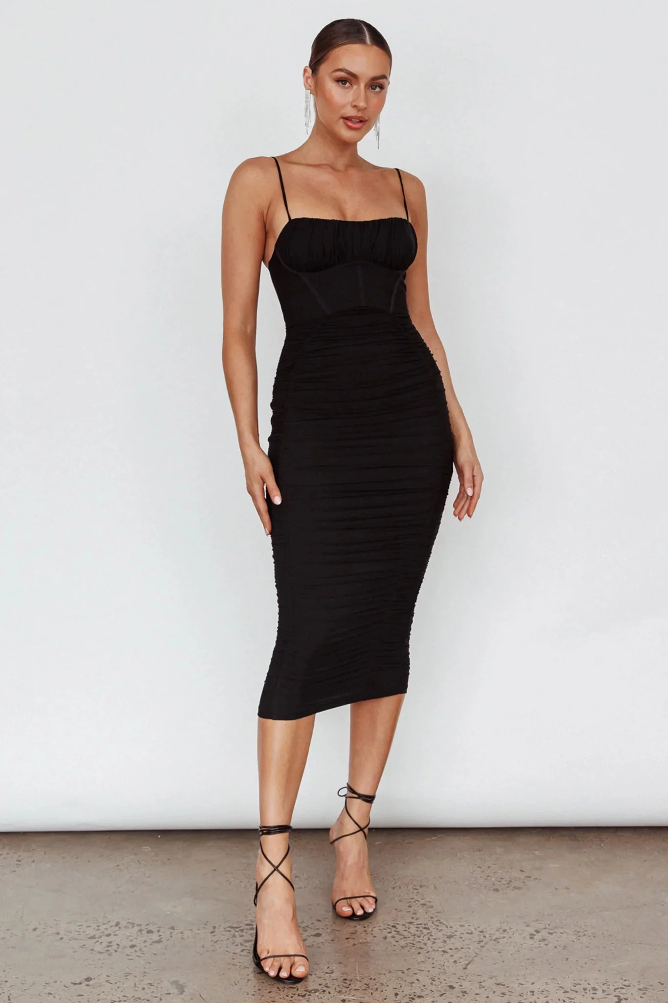 Malibu Sun Ruched Midi Dress Barbie Black