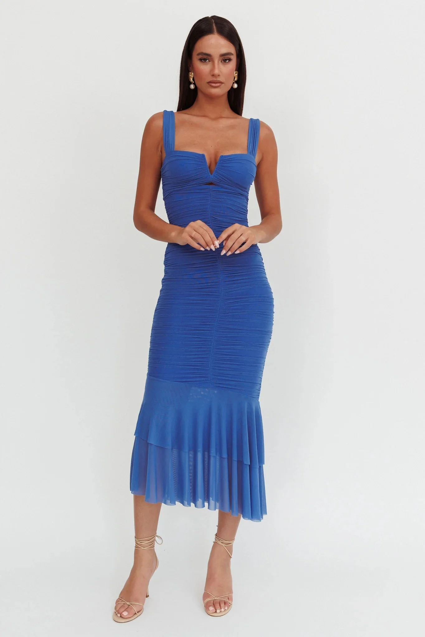Nadia Ruched Fishtail Maxi Dress Blue