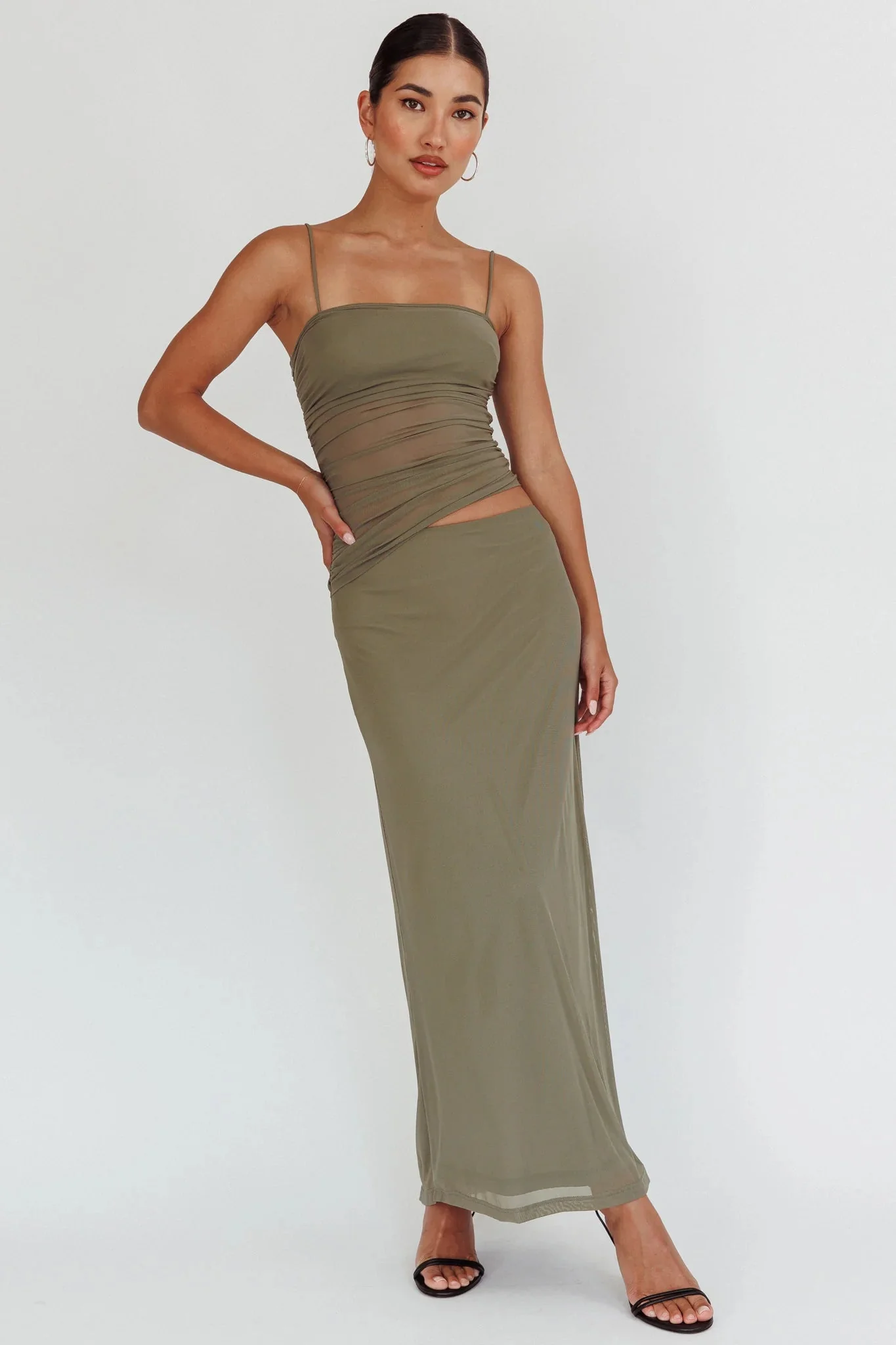 Lorely Ruched Bodice Maxi Dress Olive