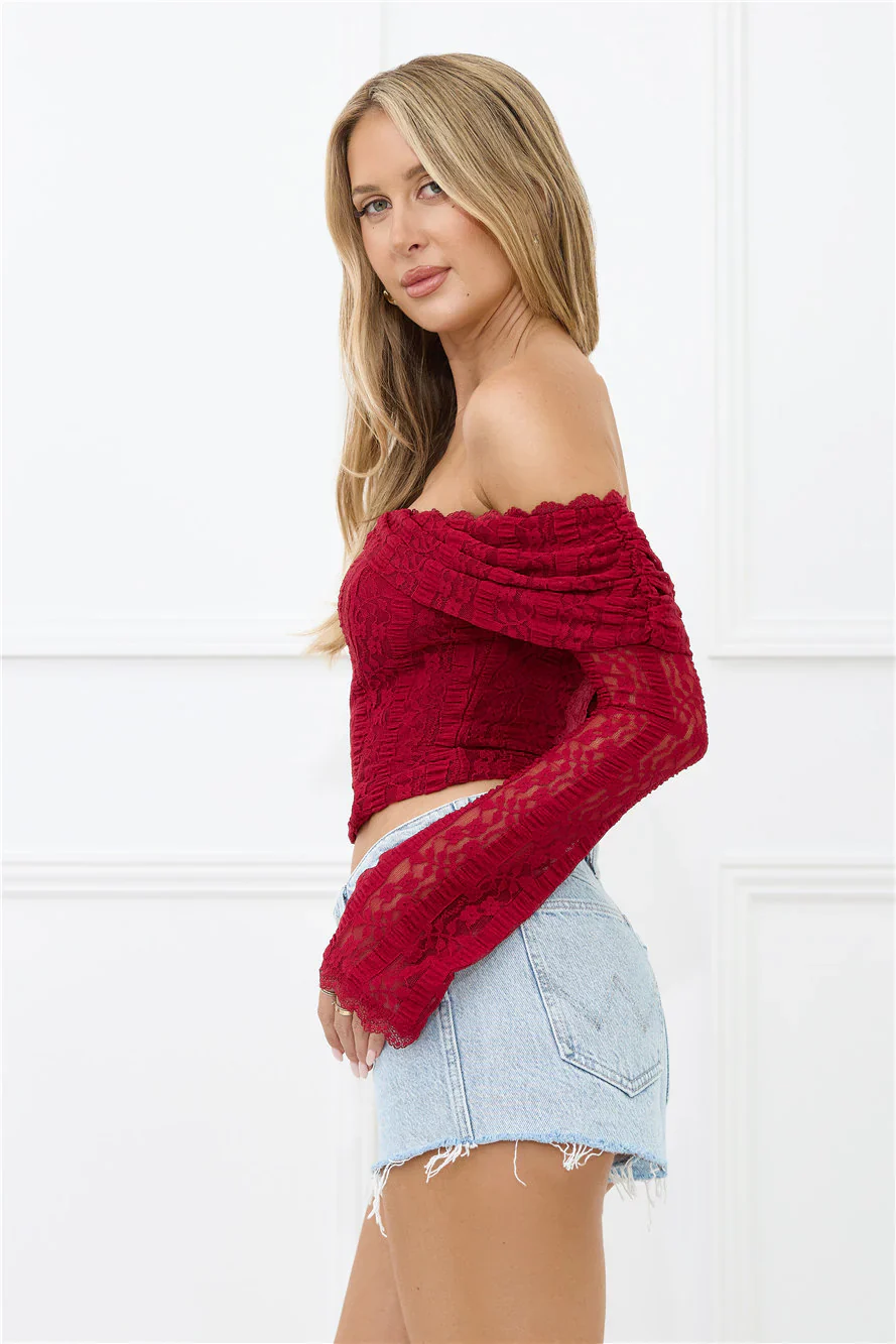 Lace Delight Off Shoulder Top Burgundy