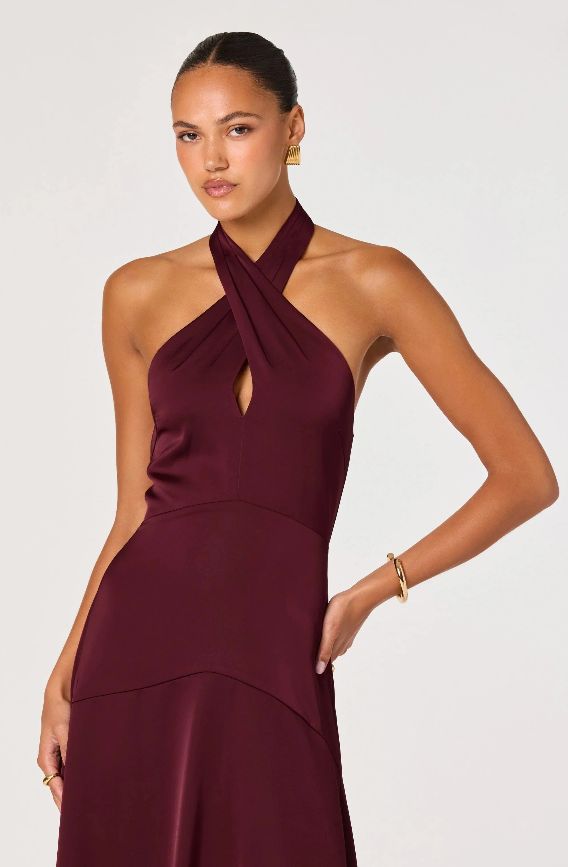 Satin Crossover Halter Midi Dress