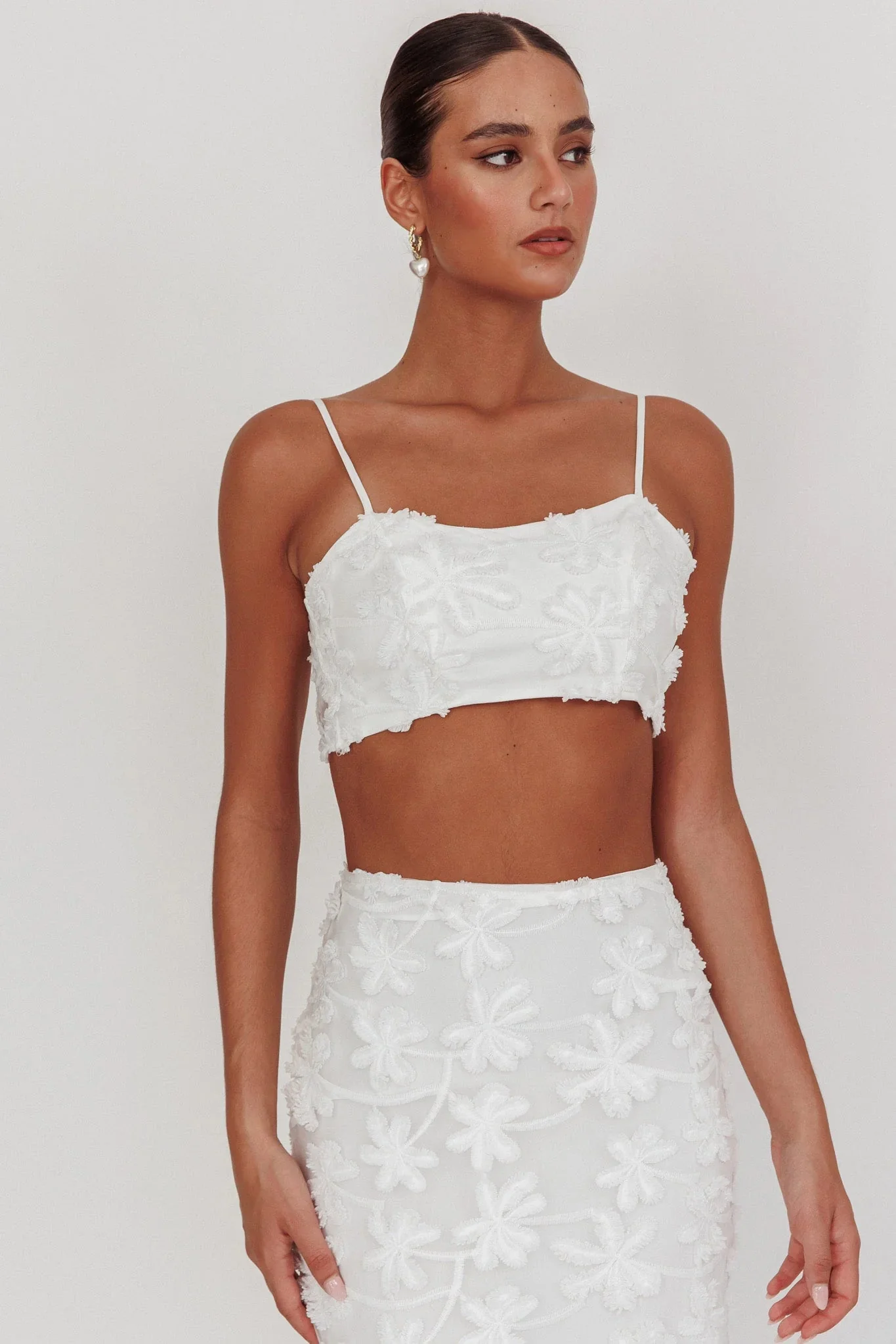 Casi Tied Back Crop Top Embroidered White