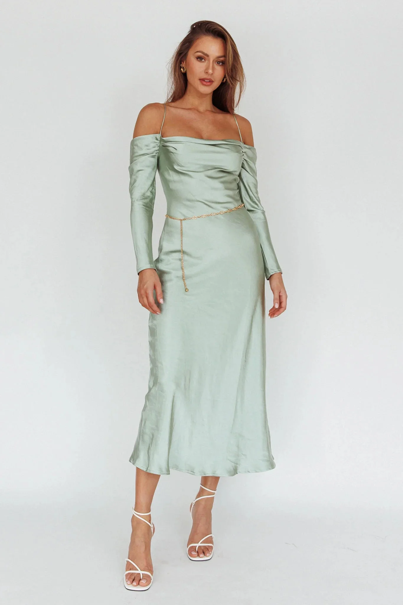 Ellory Long Sleeve Off-Shoulder Dress Sage